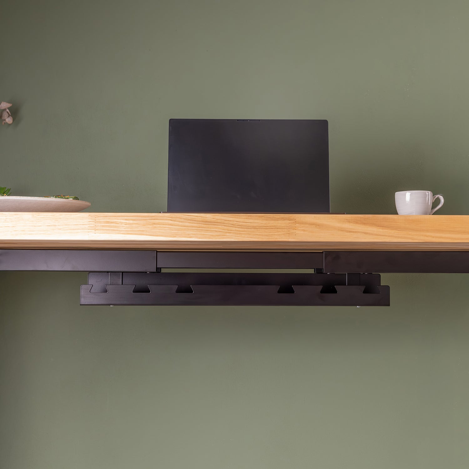 Black Sit Stand Electric Desk with Oak Wooden Desktop | Cable Tray Purchased Separately