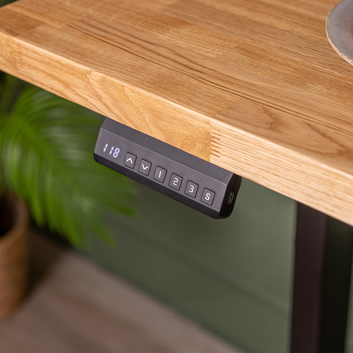 Black Sit Stand Electric Desk with Oak Wooden Desktop