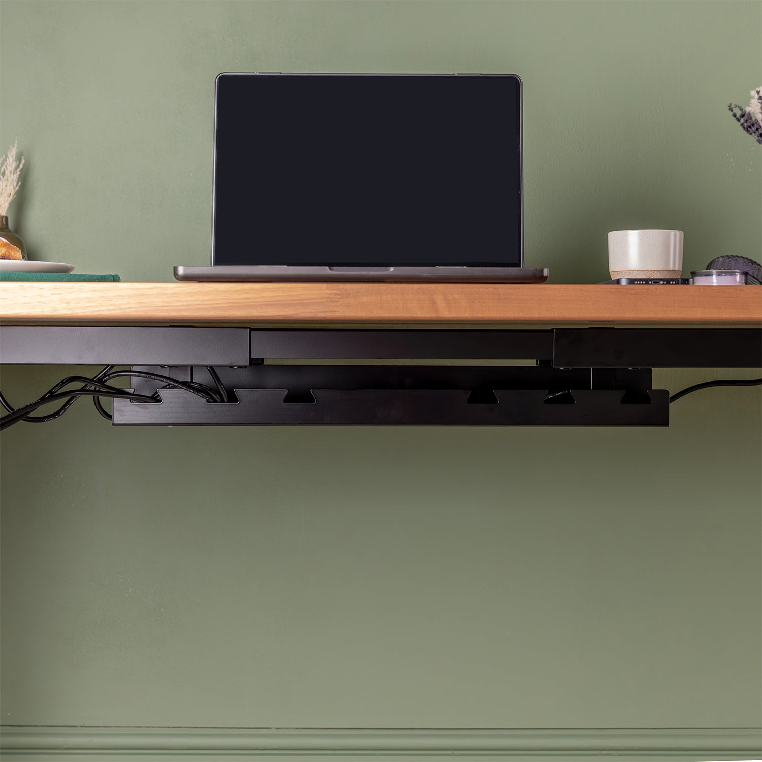 Black Sit Stand Electric Desk with Walnut Wooden Desktop | Cable Tray Purchased Separately
