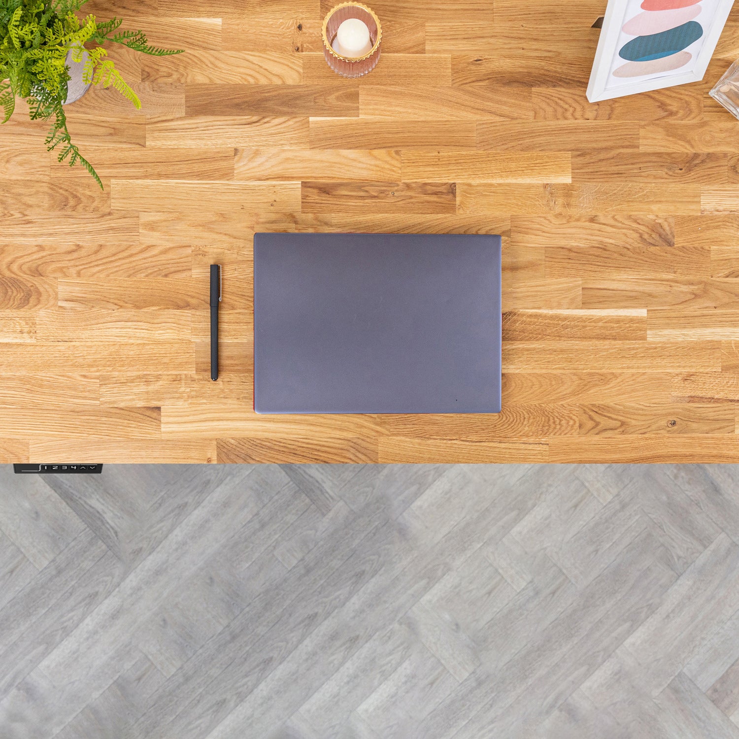 Black Metal Frame Sit Stand Desk with Oak Wooden Desktop