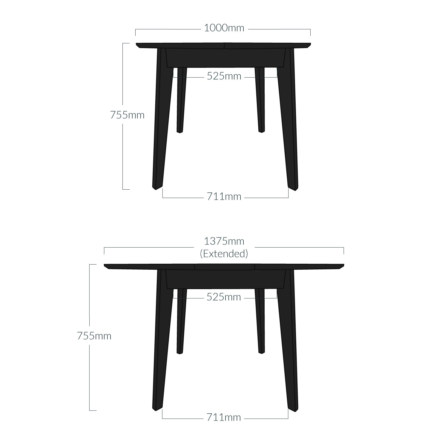 A diagram displaying the measurements of the 1000mm wide round table, including the measurements when extended to 1375mm