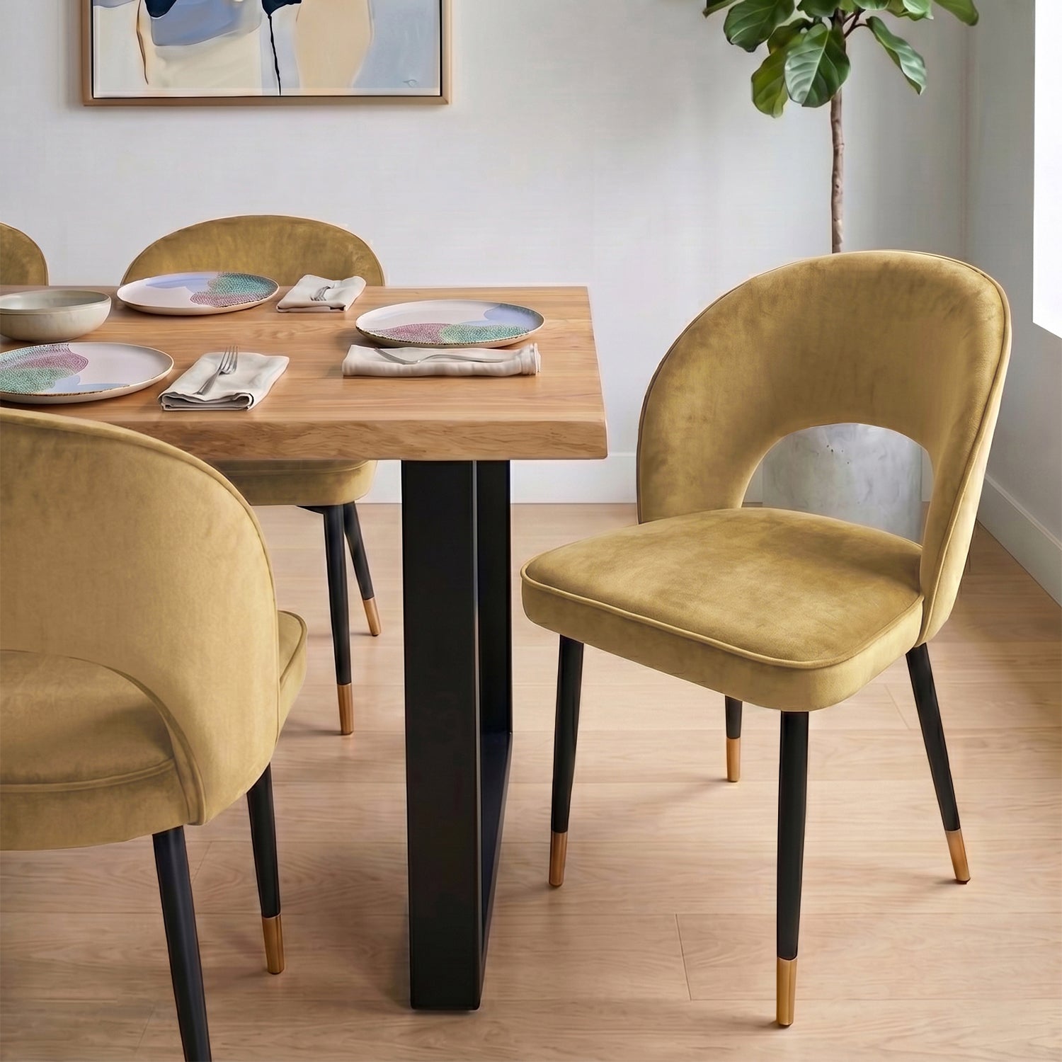 A curved velvet dining chair with a calm, sculptural feel