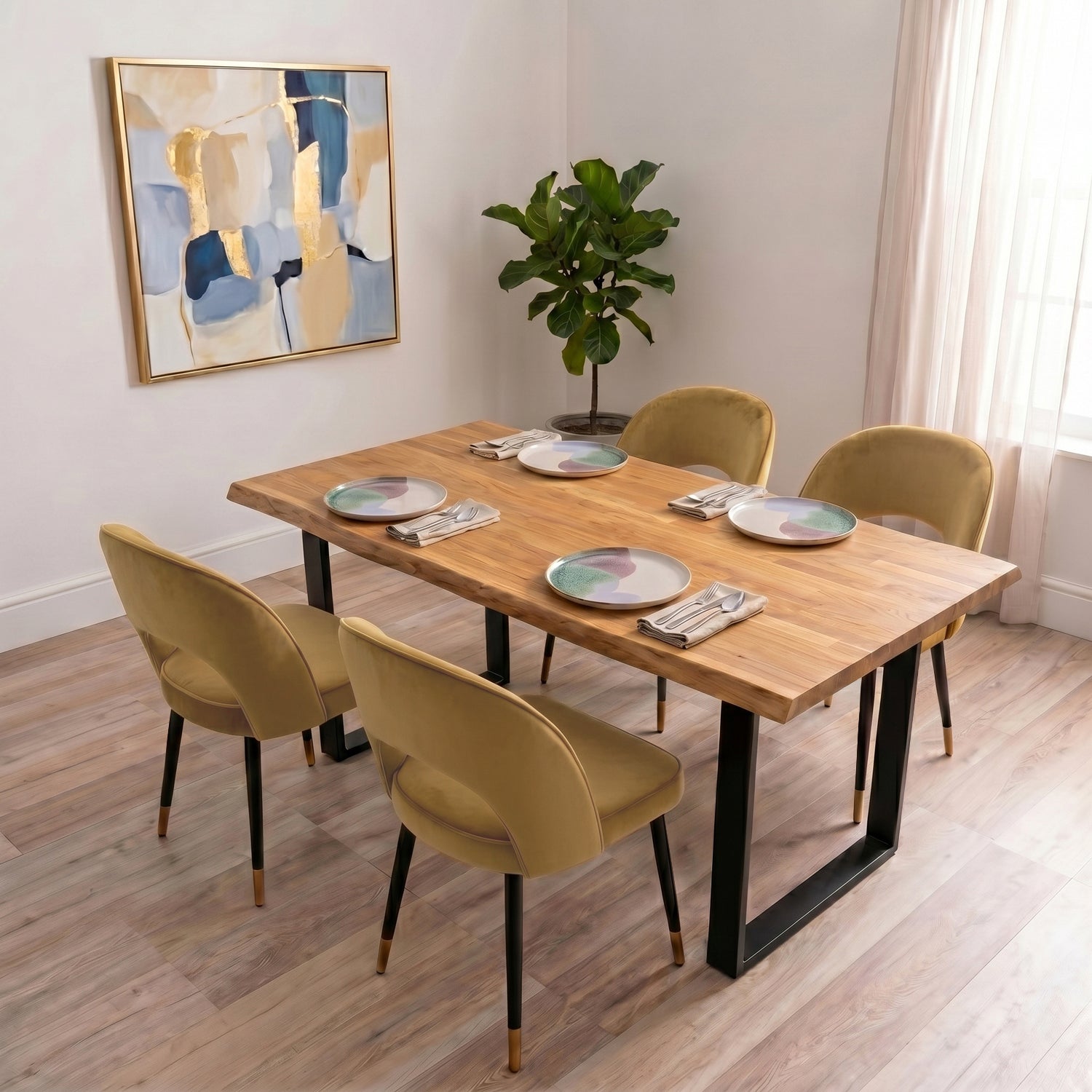 A curved velvet dining chair with a calm, sculptural feel
