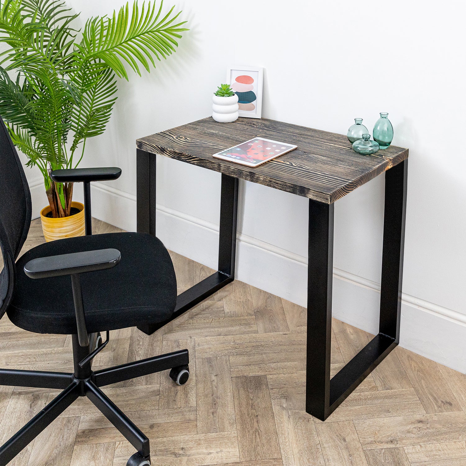 Dark Wood Desk with Square Metal Legs #length_800mm depth_500mm