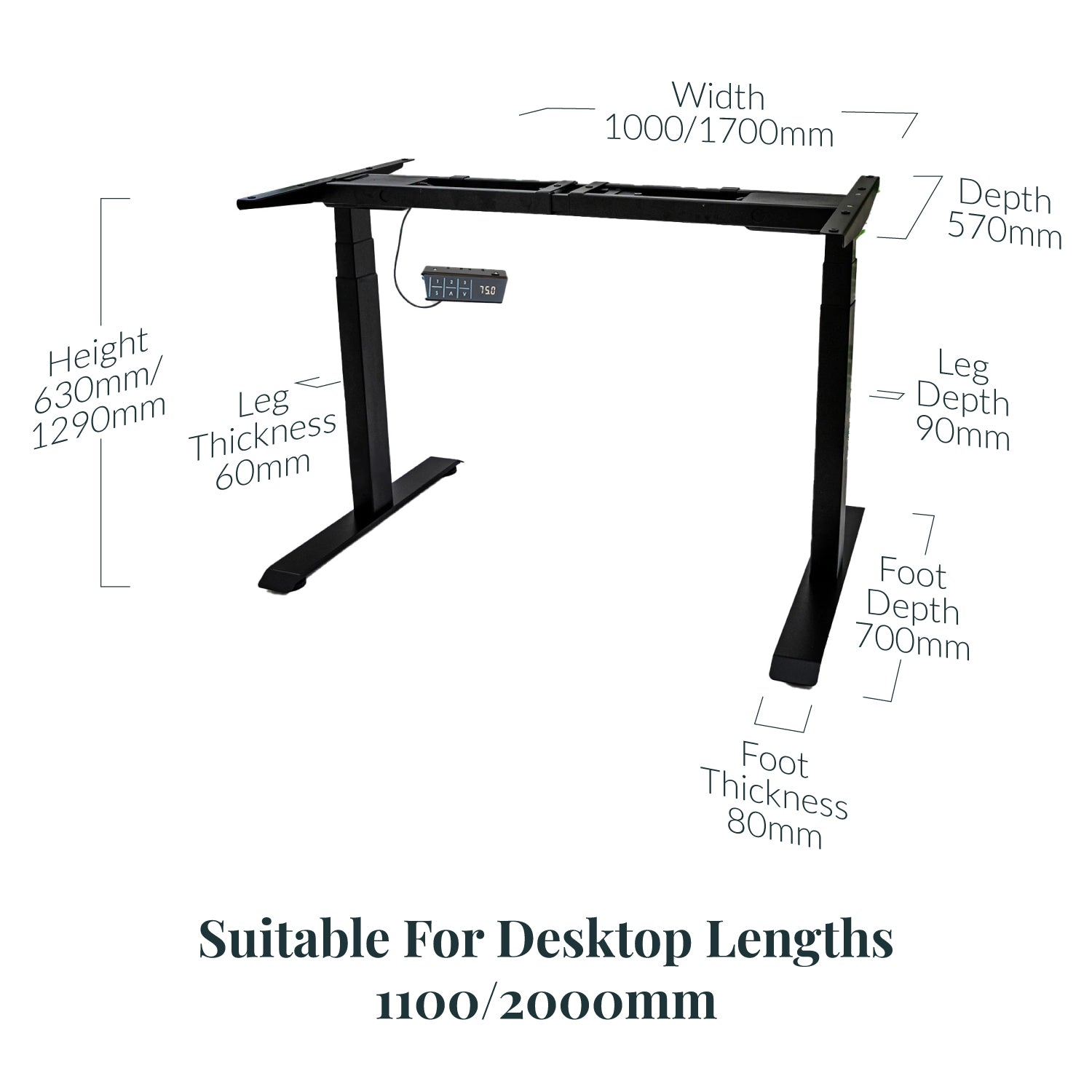 Premium d3 Dual Motor Black Standing Desk Frame - Dimensions