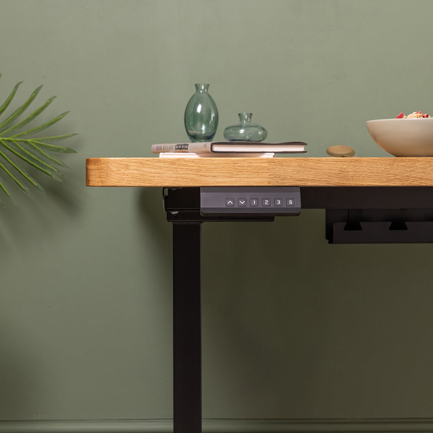 Dual Motor d2 Black Standing Desk with Prime Oak Solid Wood Rounded Desktop