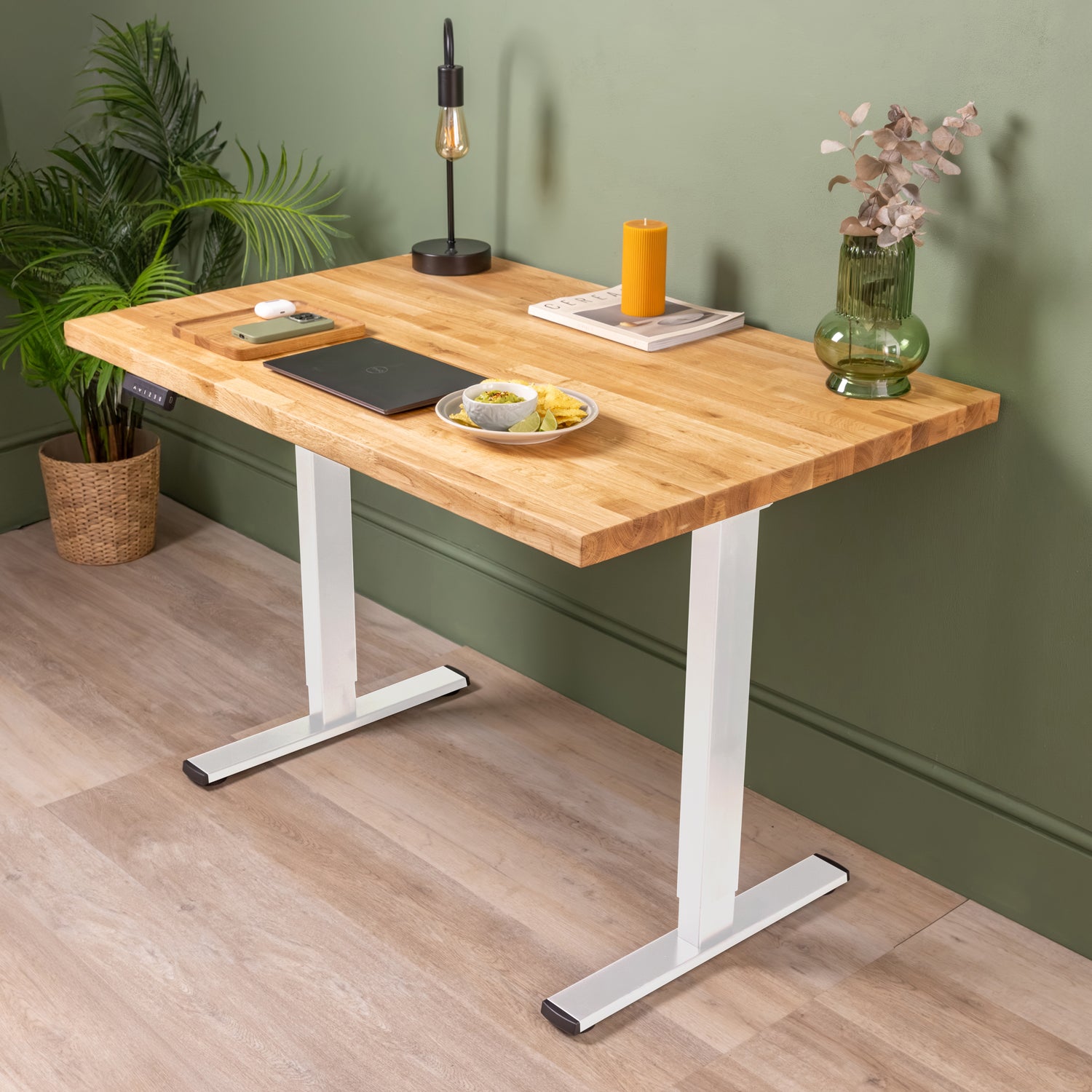 Dual Motor d2 White Standing Desk with Oak Solid Wood Desktop | 1200mm x 800mm
