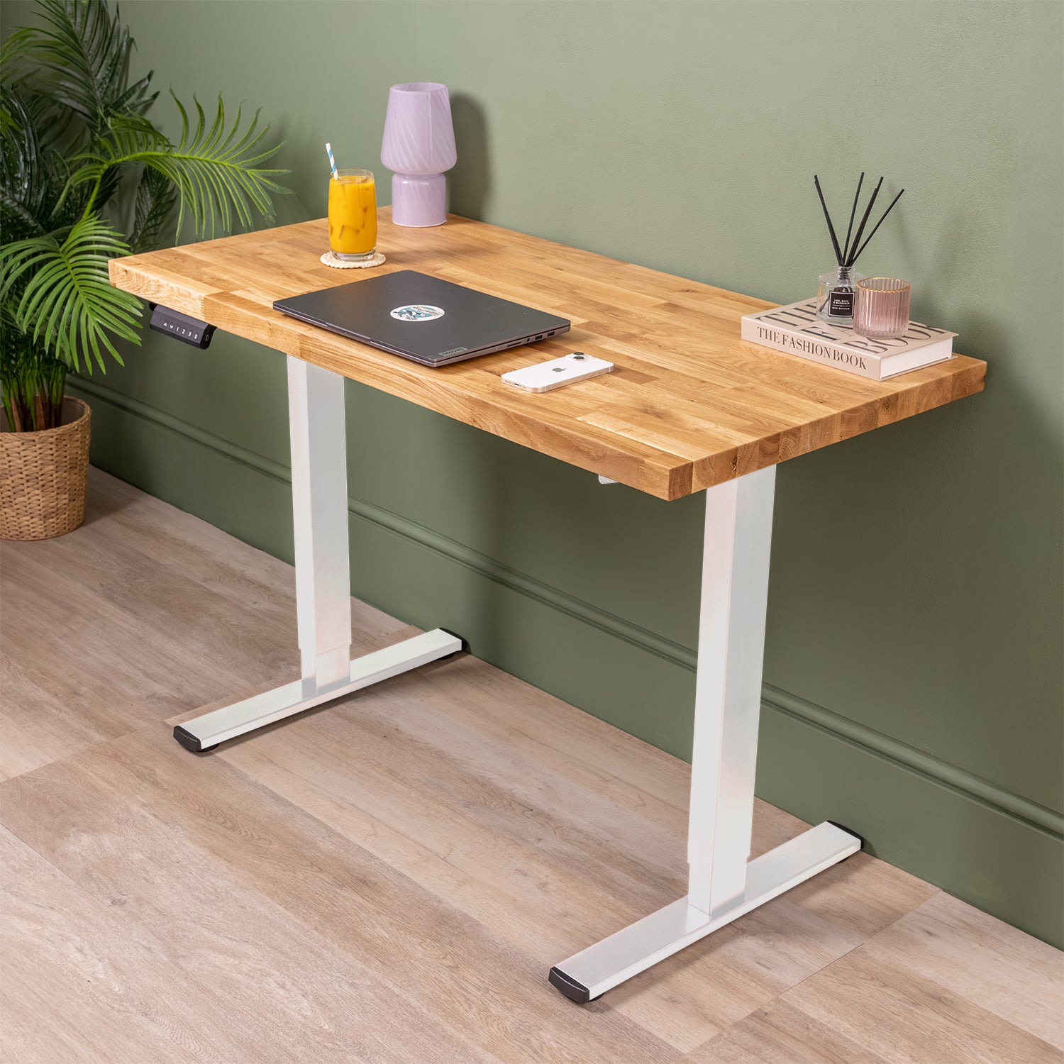 Dual Motor d2 White Standing Desk with Oak Solid Wood Desktop | 1200mm x 600mm