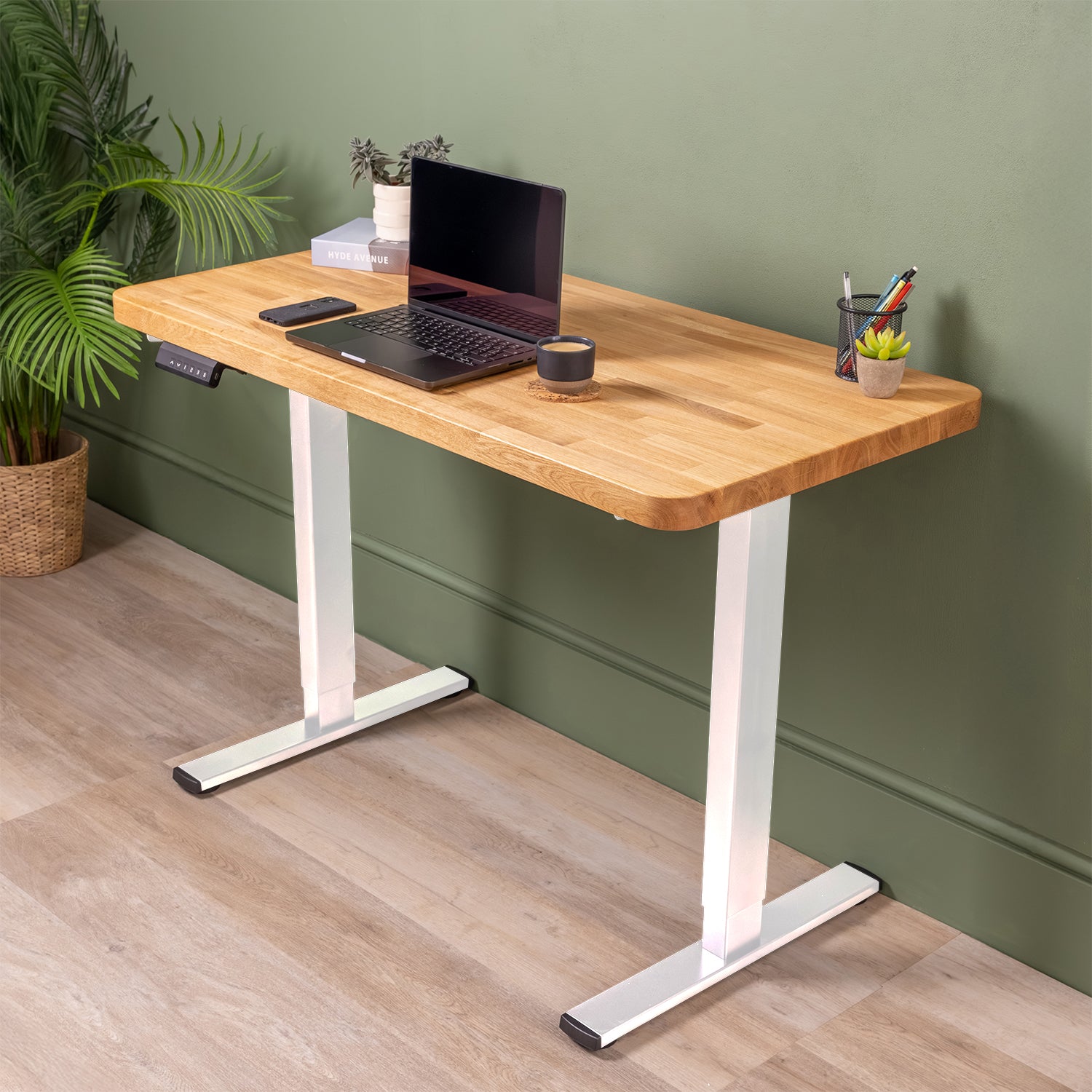 Dual Motor d2 White Standing Desk with Prime Oak Solid Wood Rounded Desktop | 1200mm x 600mm