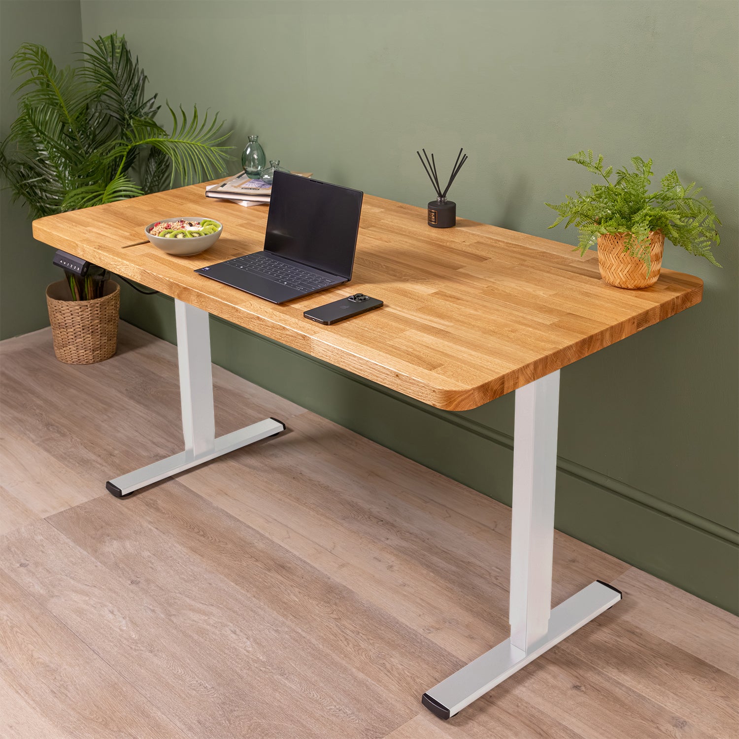 Dual Motor d2 White Standing Desk with Prime Oak Solid Wood Rounded Desktop | 1500mm x 800mm