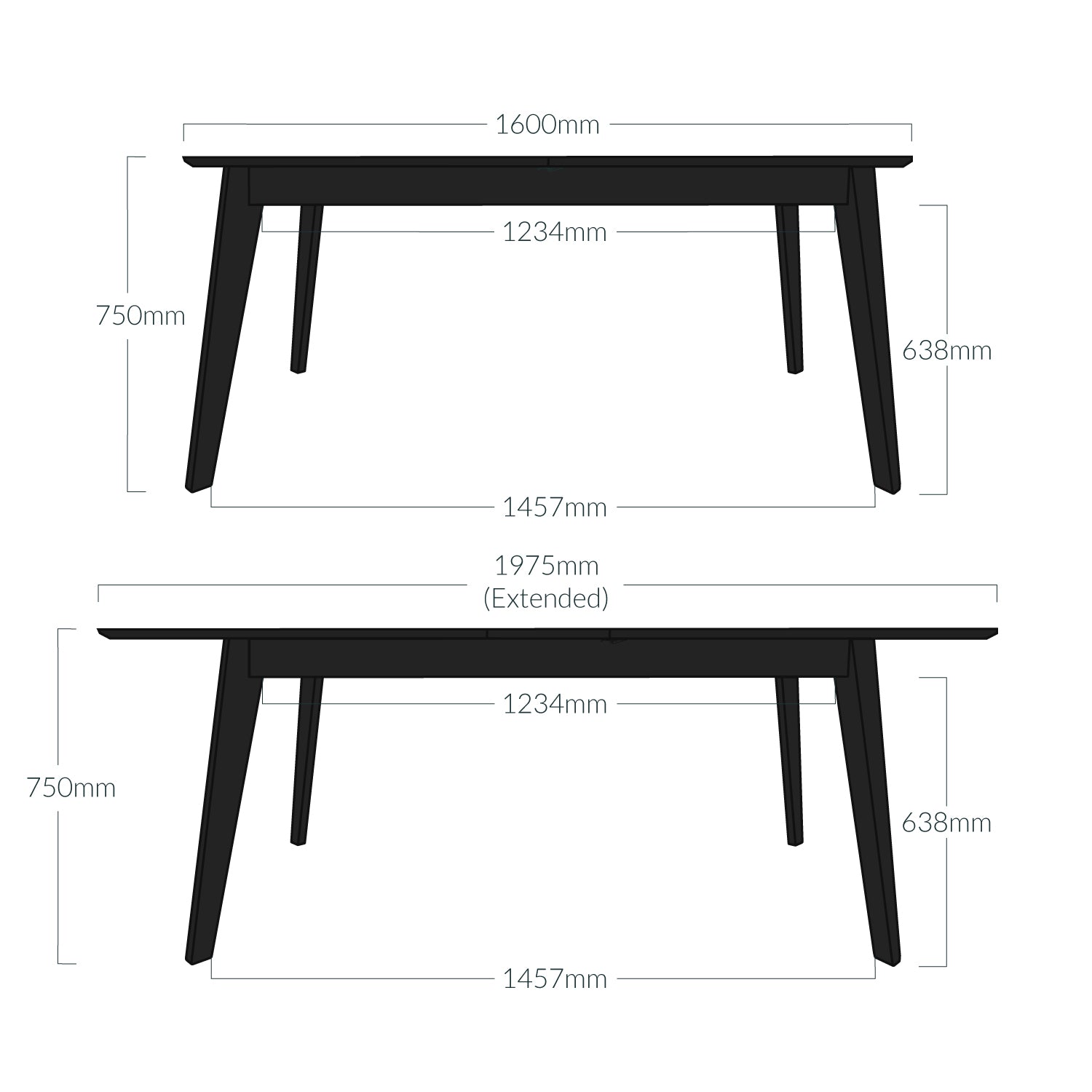 Measurements of the 1600mm wide black solid wood extending dining table, including the measurements when expanded to 1975mm.