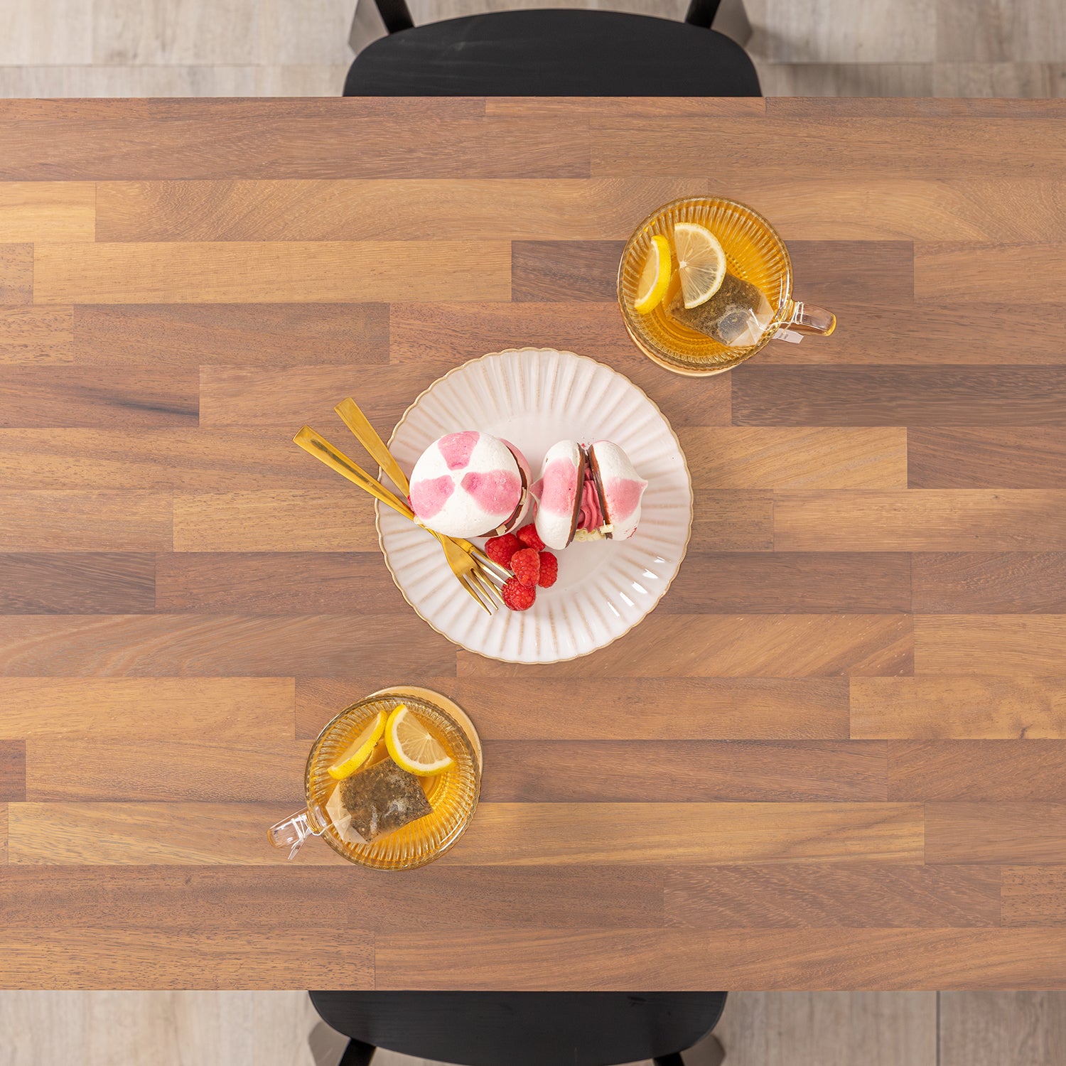 Iroko Solid Wood Table with Black Twin Pedestal Cast Iron Table Base (Sanded)