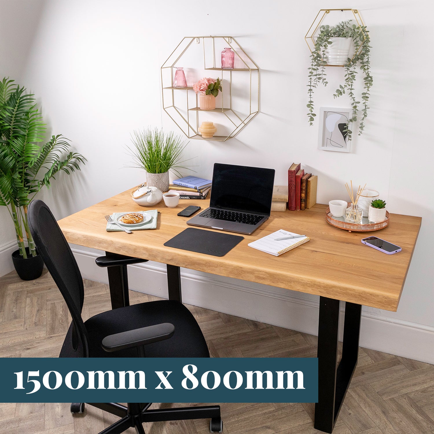 Oak Live Edge Solid Wood Desk with Square Metal Legs #length_1500mm depth_800mm