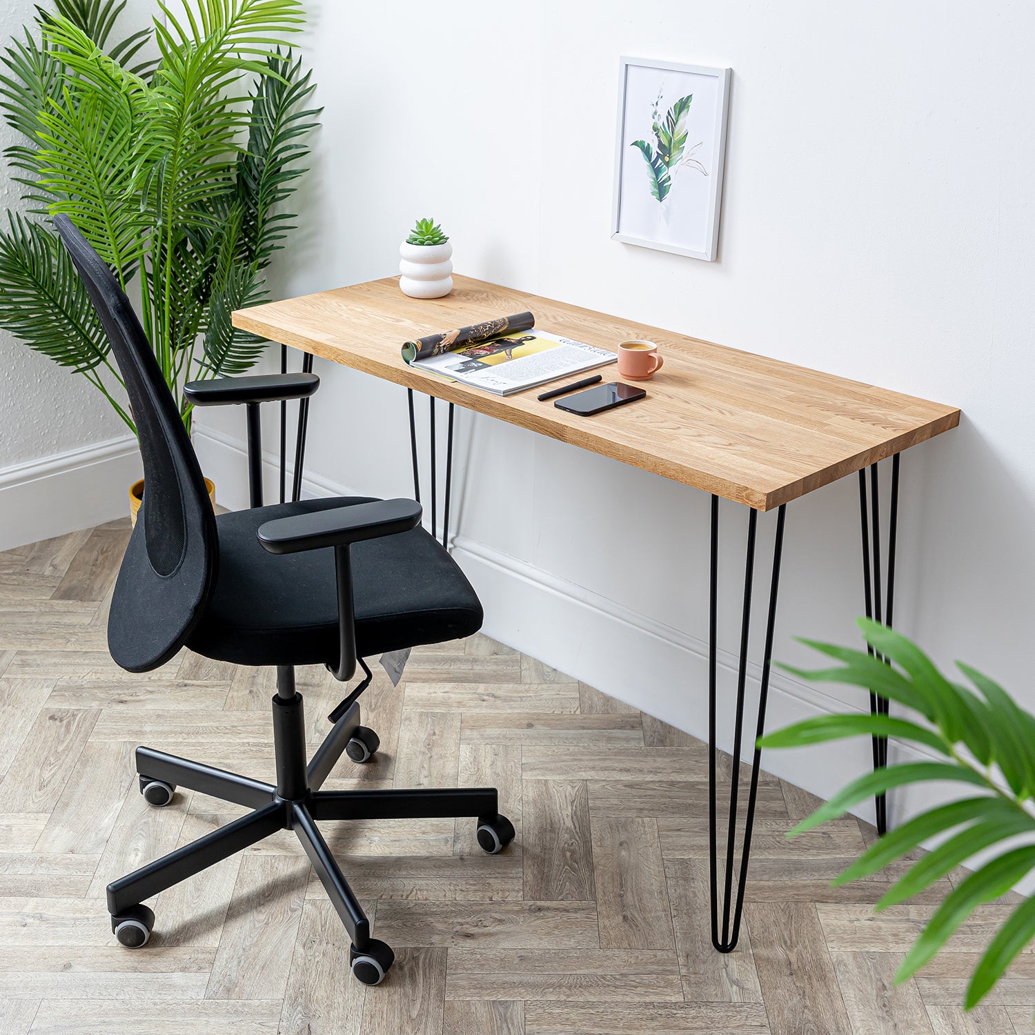 Oak Solid Wood Desk with Black Hairpin Legs - 27mm thick desktop | 1200mm x 500mm