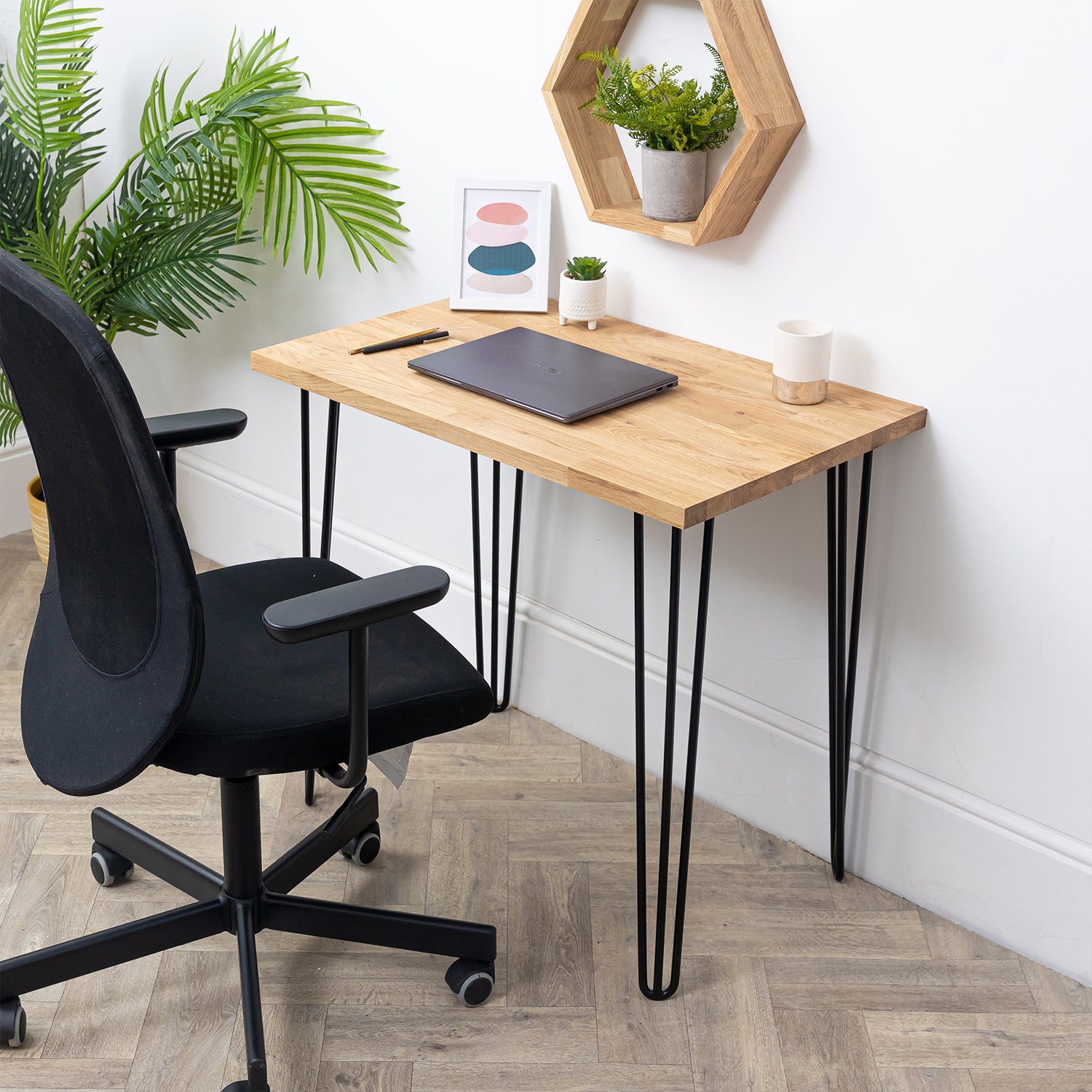 Oak Solid Wood Desk with Black Hairpin Legs - 27mm thick desktop | 800mm x 500mm