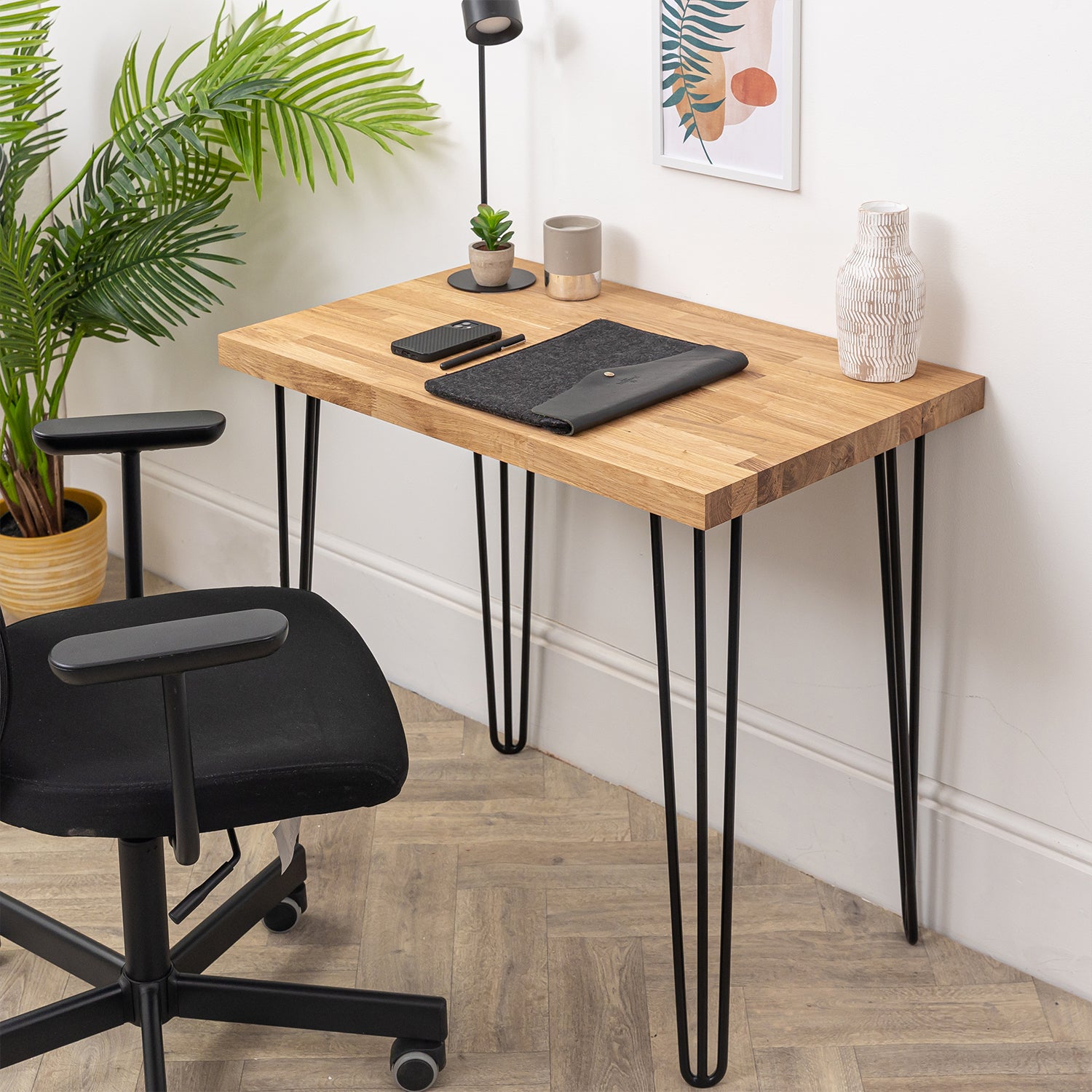 Oak Solid Wood Desk with Black Hairpin Legs - 40mm thick desktop | 800mm x 500mm