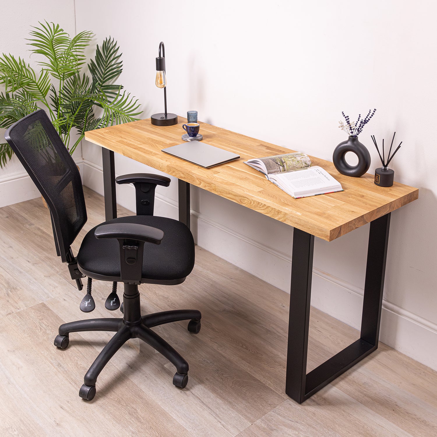 Oak Solid Wood Desk with Square Metal Legs - 40mm thick desktop | 1500mm x 500mm