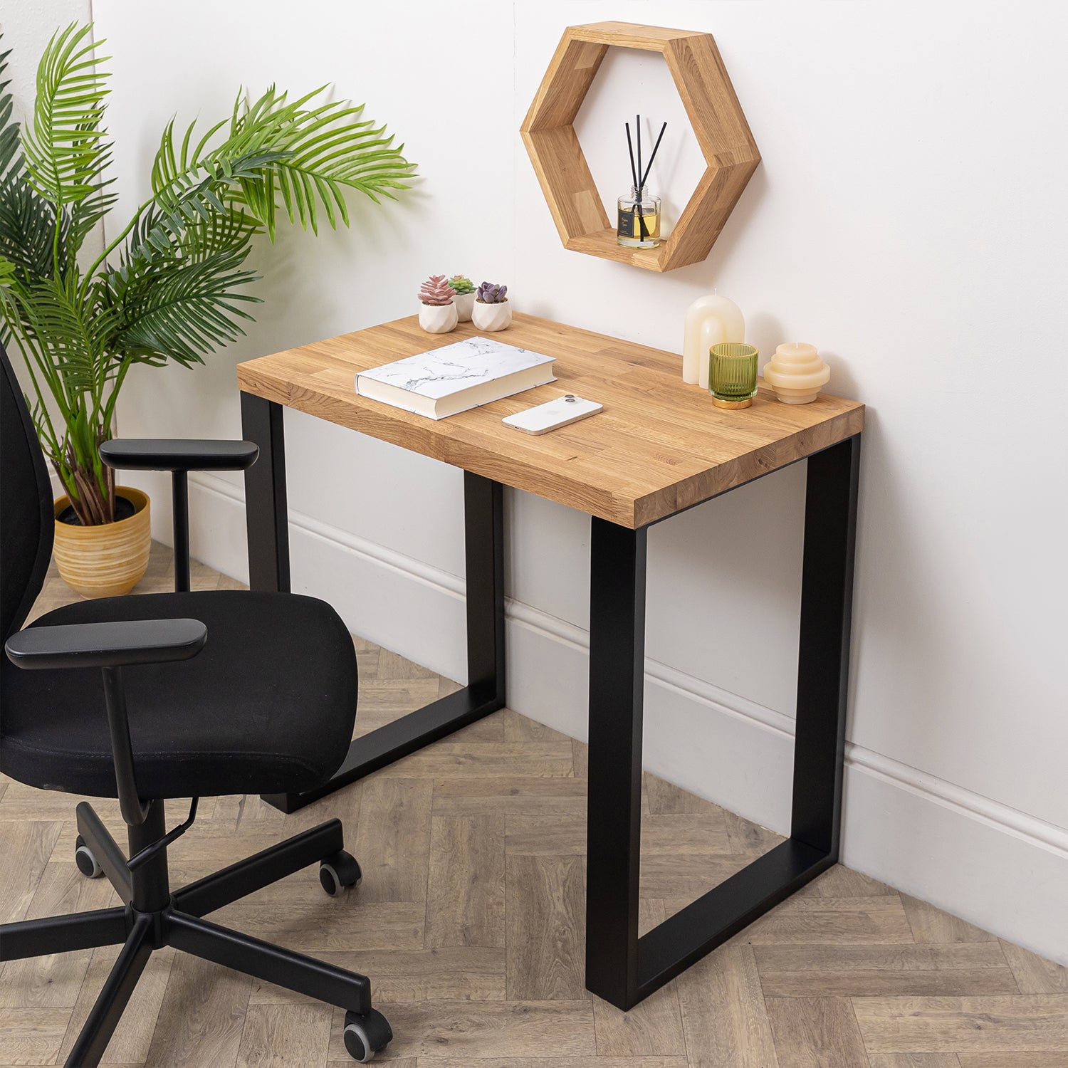 Oak Solid Wood Desk with Square Metal Legs - 40mm thick desktop | 800mm x 500mm