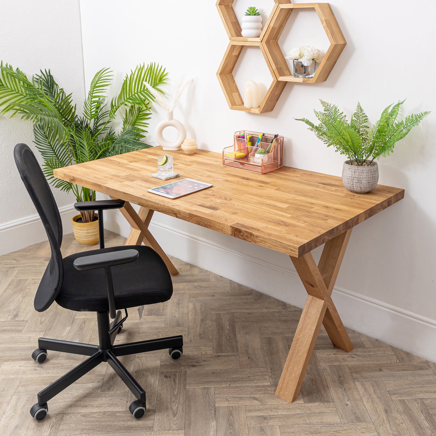 Oak Solid Wood Desk With Wooden X Legs - 40mm Thick Desktop | 1500mm x 800mm