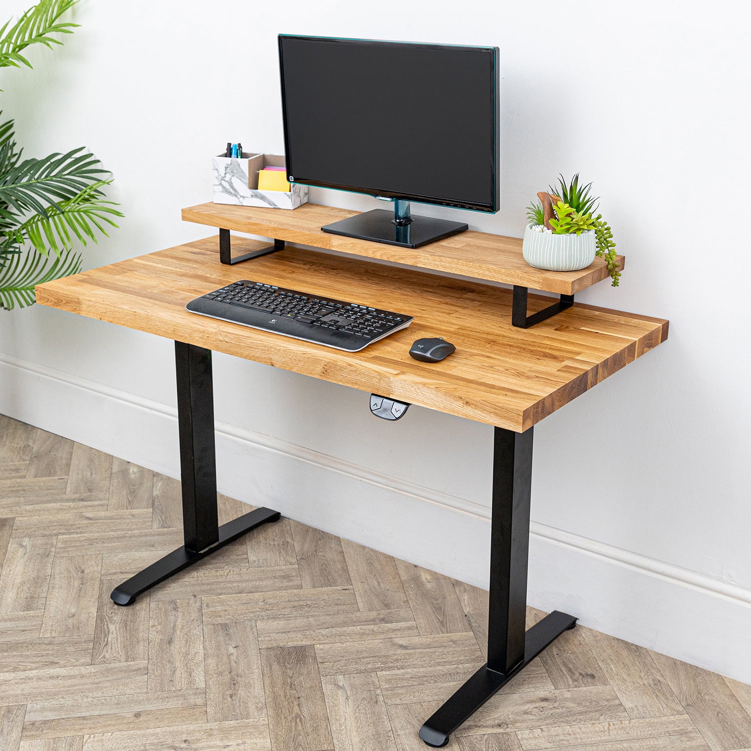 Oak Solid Wood Monitor Stand with Metal Legs | Large Riser