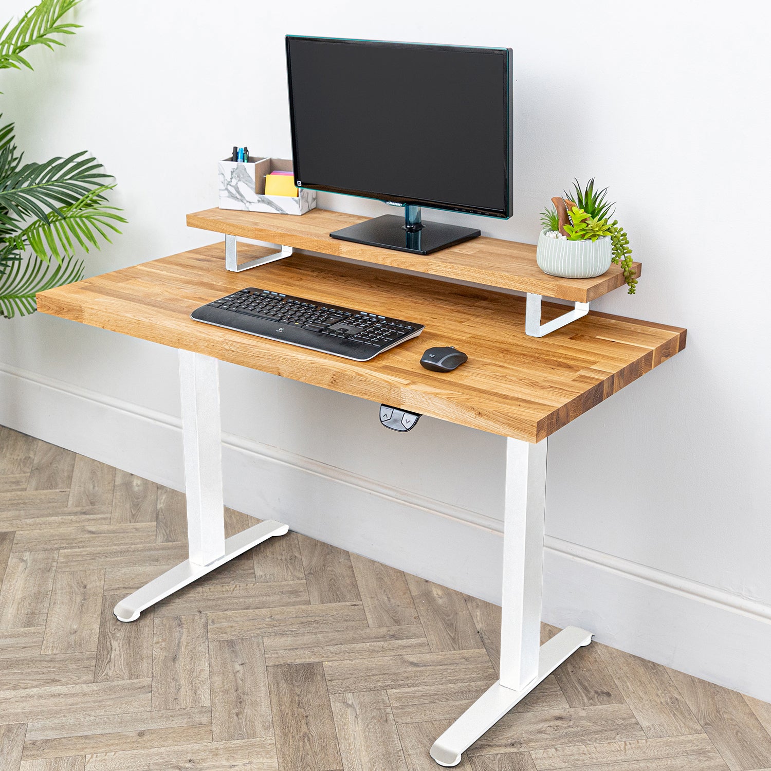Oak Solid Wood Monitor Stand with White Metal Legs | Large Riser