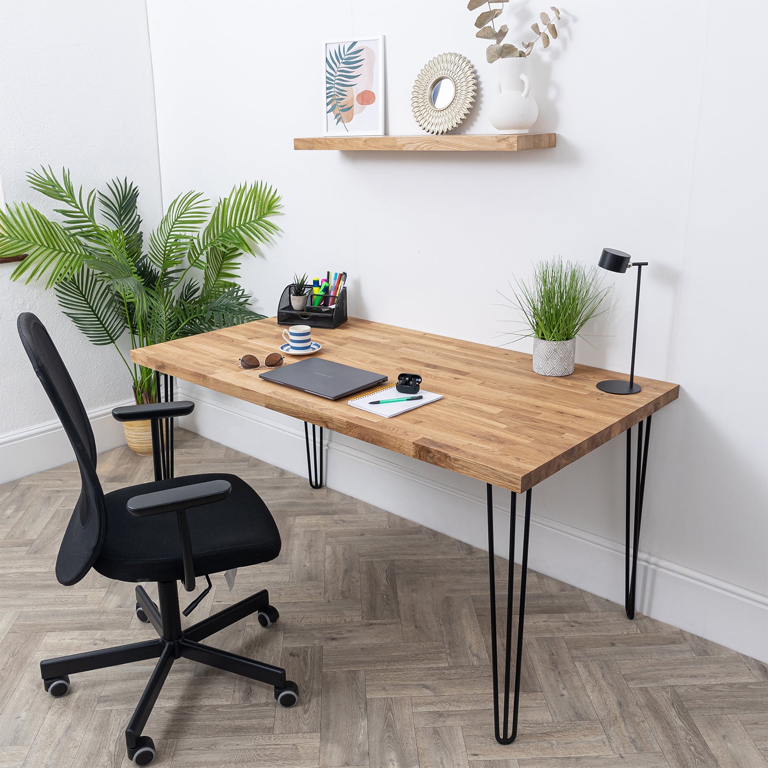 Oak Solid Wood Desk with Black Hairpin Legs - 40mm thick desktop #length_1500mm depth_800mm