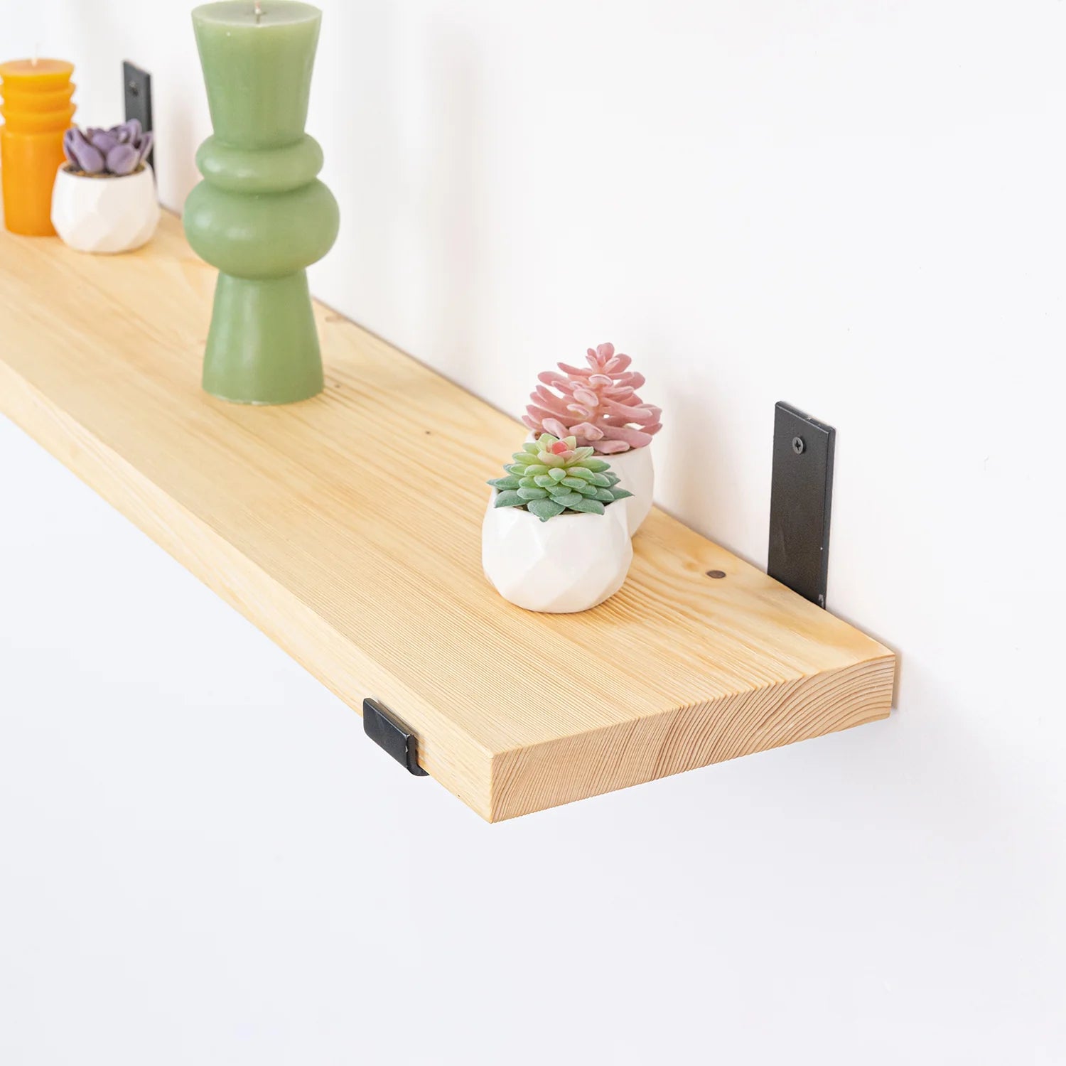 Pine Wall Shelves, Oiled with Powder Coated Cast Iron Brackets