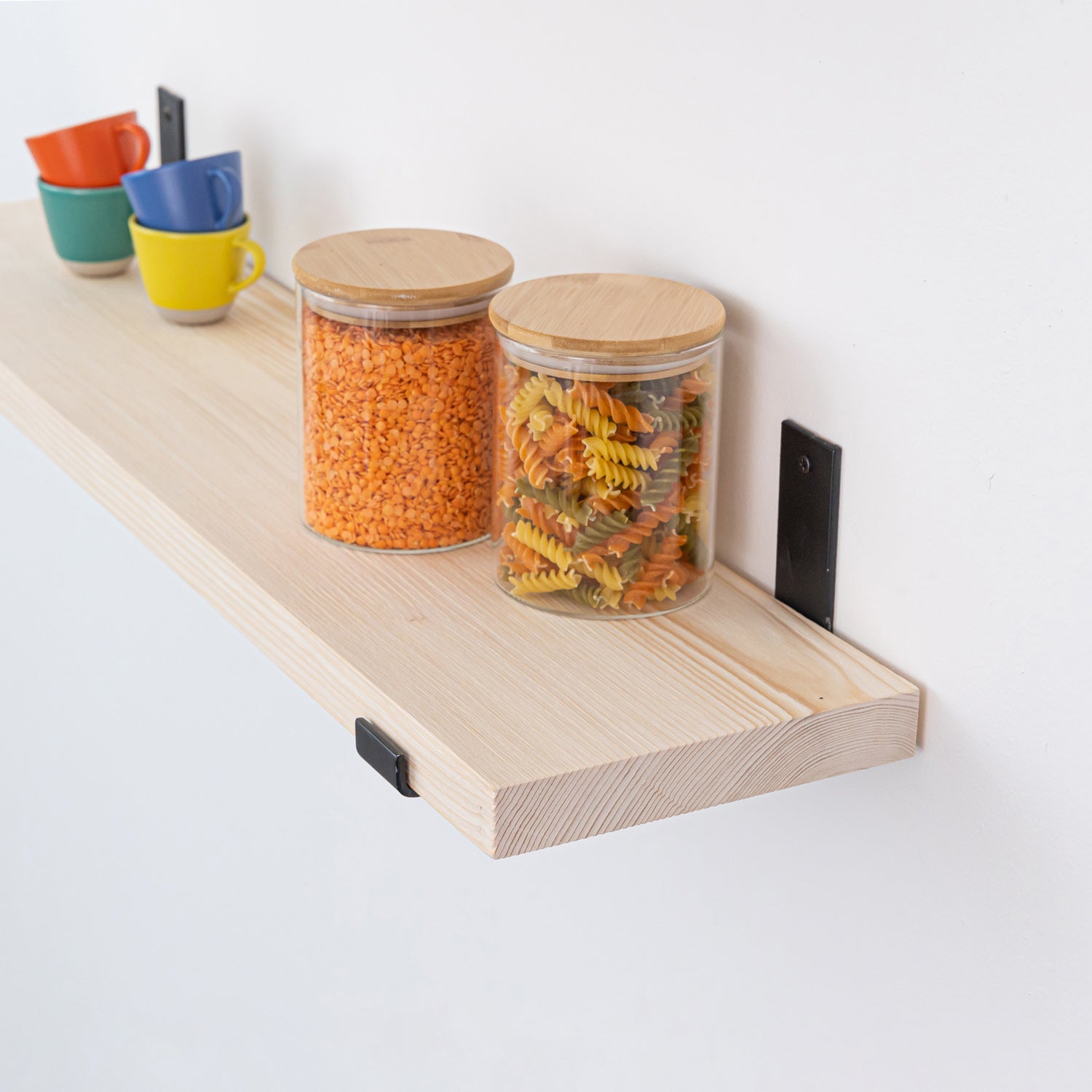 Pine Wood Shelf Brushed (Sanded) - 32mm thick with Black Up-Style Scaffolding Brackets