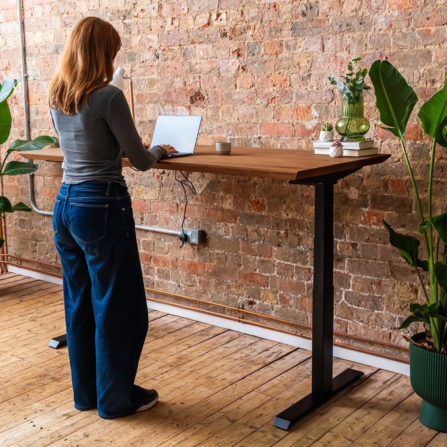 Premium Black Sit Stand Electric Desk with Wood Desktop