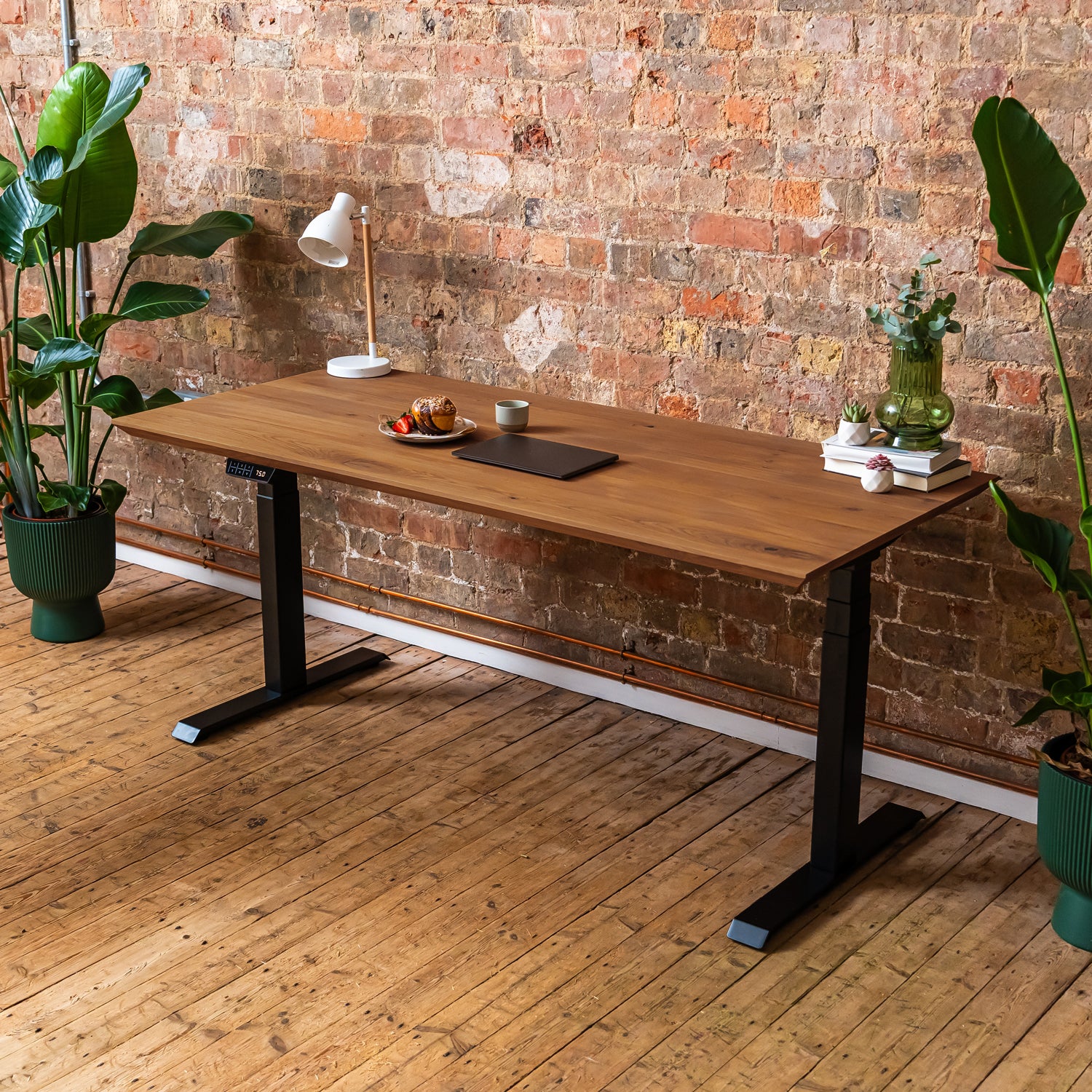 Premium d3 Dual Motor Black Standing Desk with Premium Oak Solid Wood Desktop - Antique Bronze