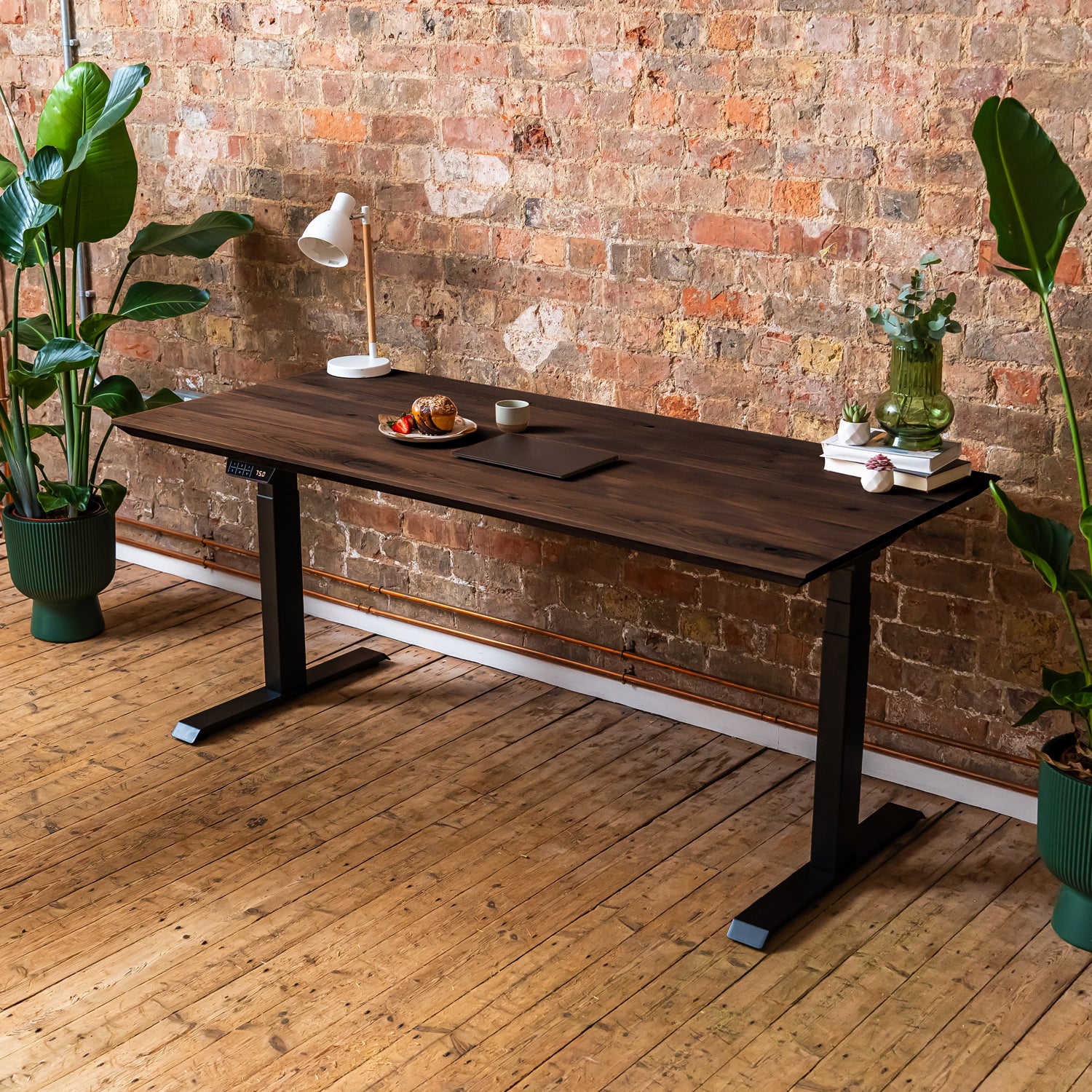 Premium d3 Dual Motor Black Standing Desk with Premium Oak Solid Wood Desktop - Charcoal