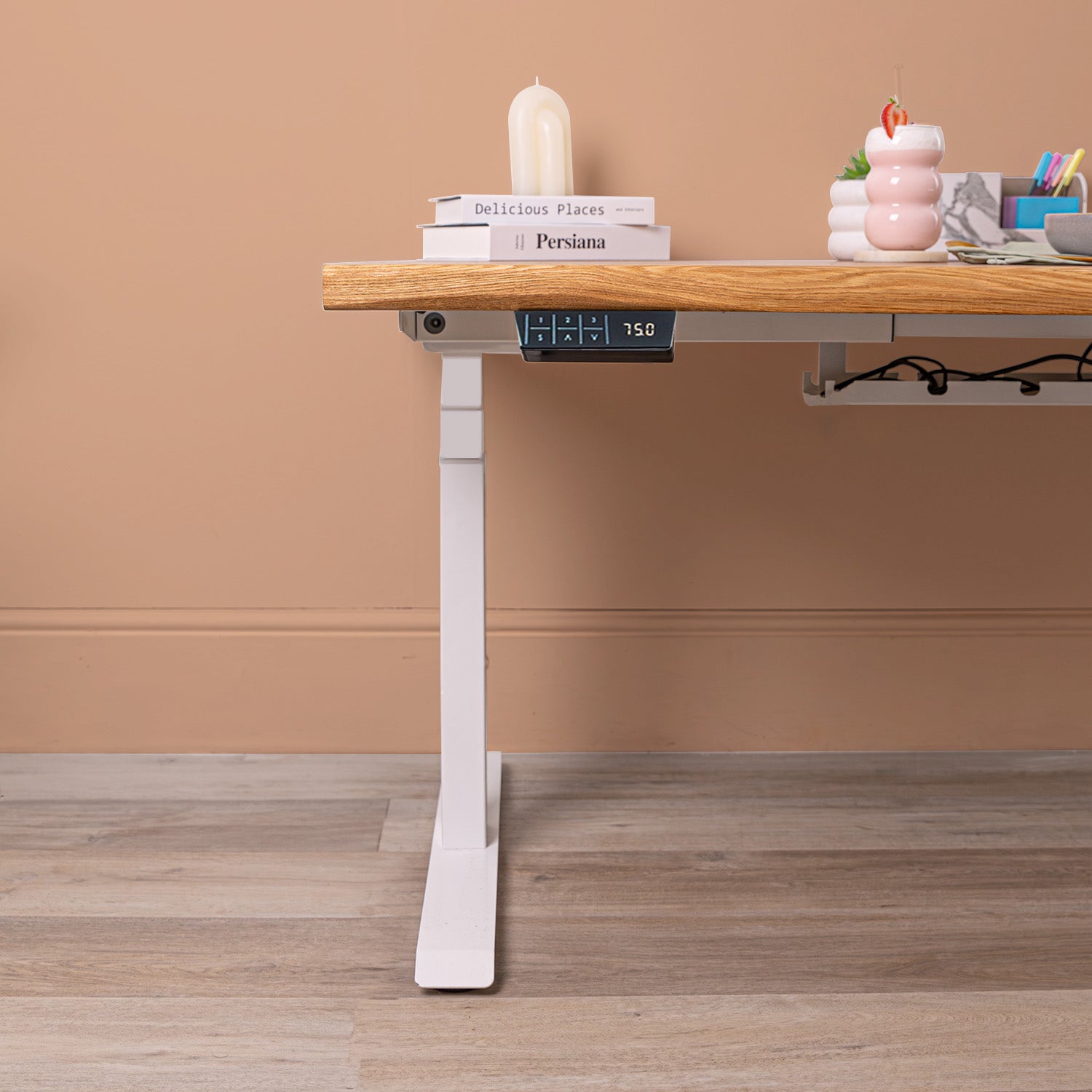 Premium d3 Dual Motor White Standing Desk with Oak Live Edge Solid Wood Desktop