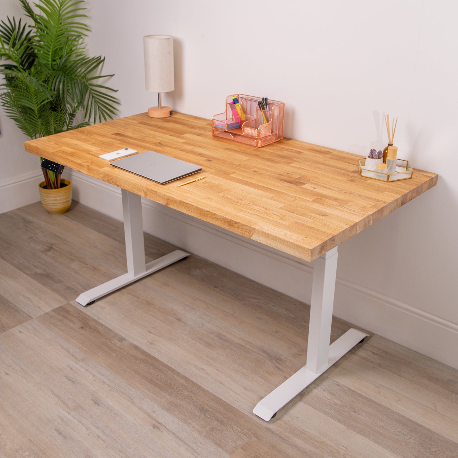Premium Dual Motor White Standing Desk with Oak Solid Wood Desktop | 1500mm x 800mm