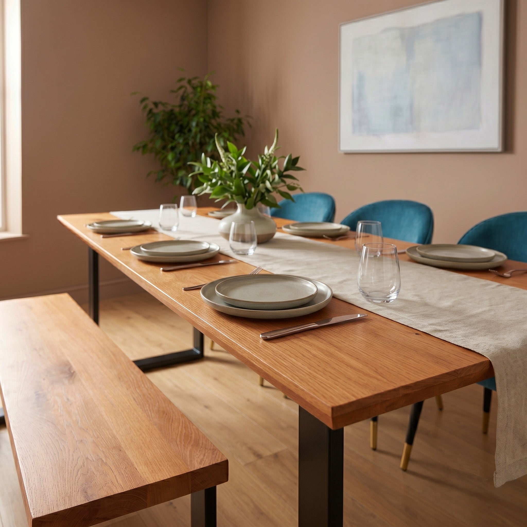 Antique bronze wooden table, blue chairs, and a matching bench.