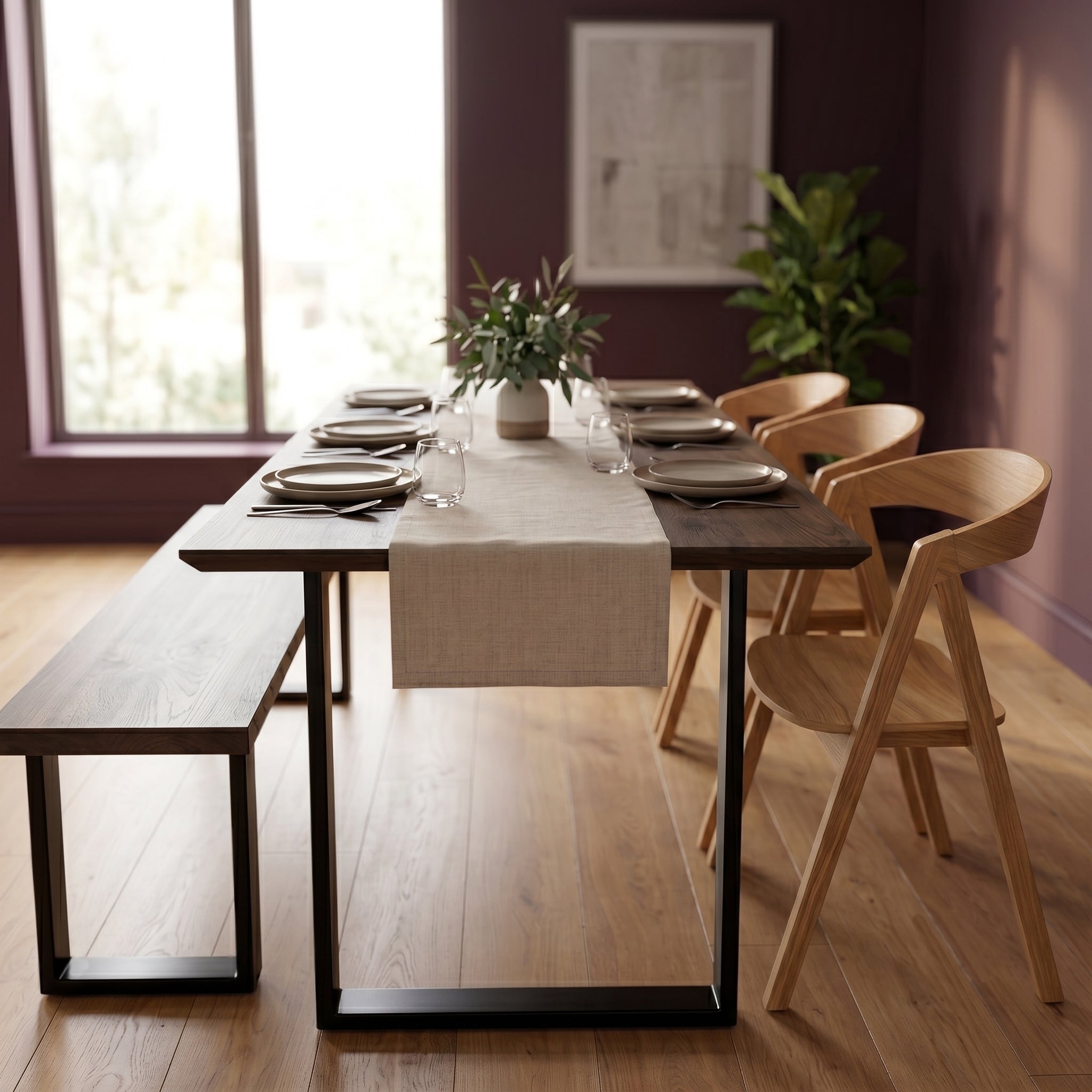 Premium dining table in charcoal with oak chairs and matching bench