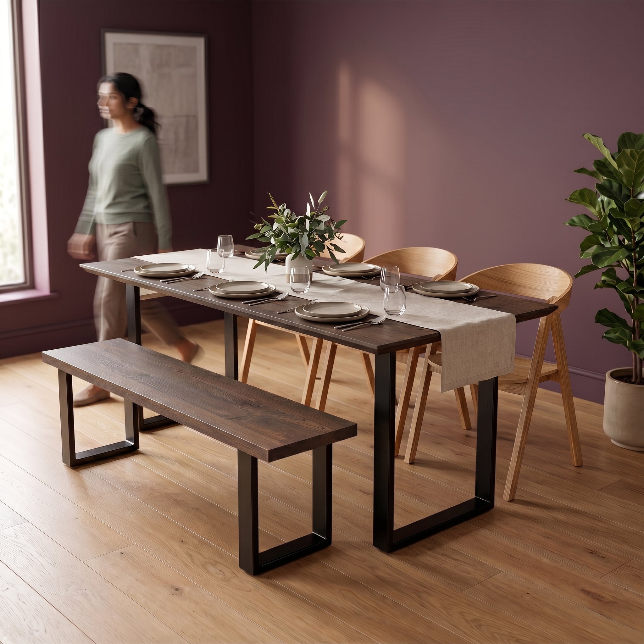 Premium dining table in charcoal with oak chairs and matching bench