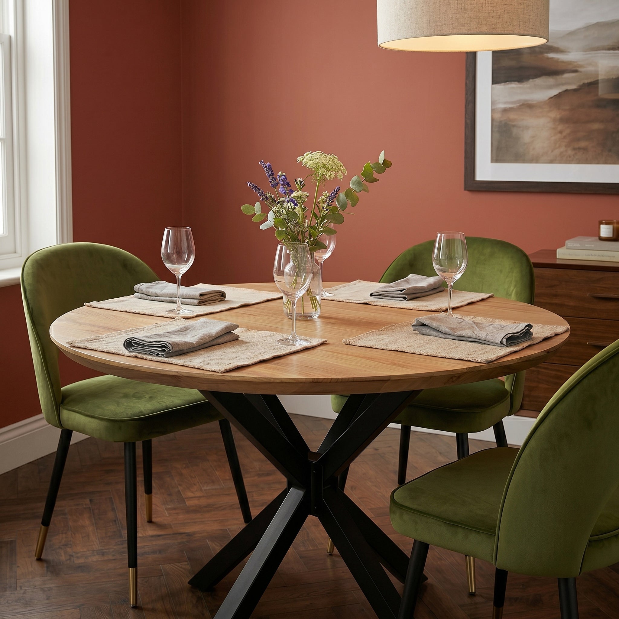 Dining room with a round wooden table and green chairs, set for a meal.