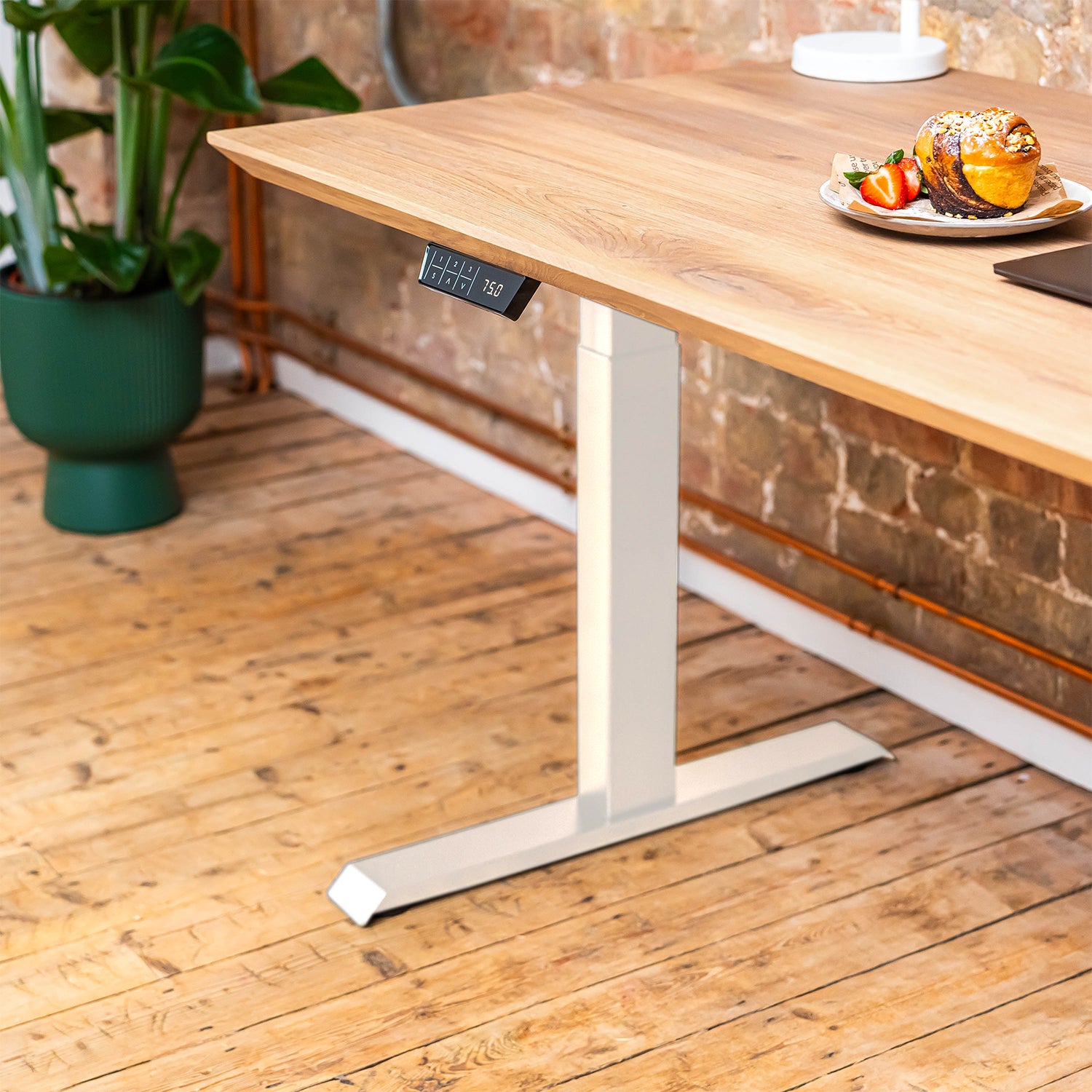 Premium White Sit Stand Electric Desk with Oak Wood Desktop