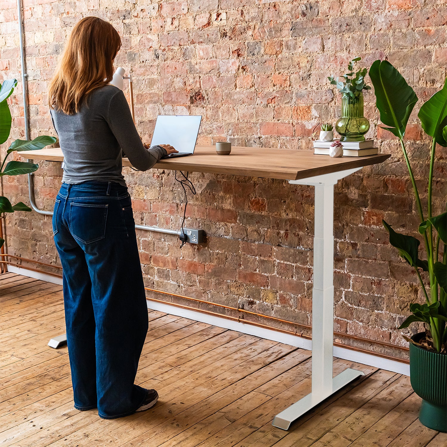 Premium White Sit Stand Electric Desk with Oak Wood Desktop