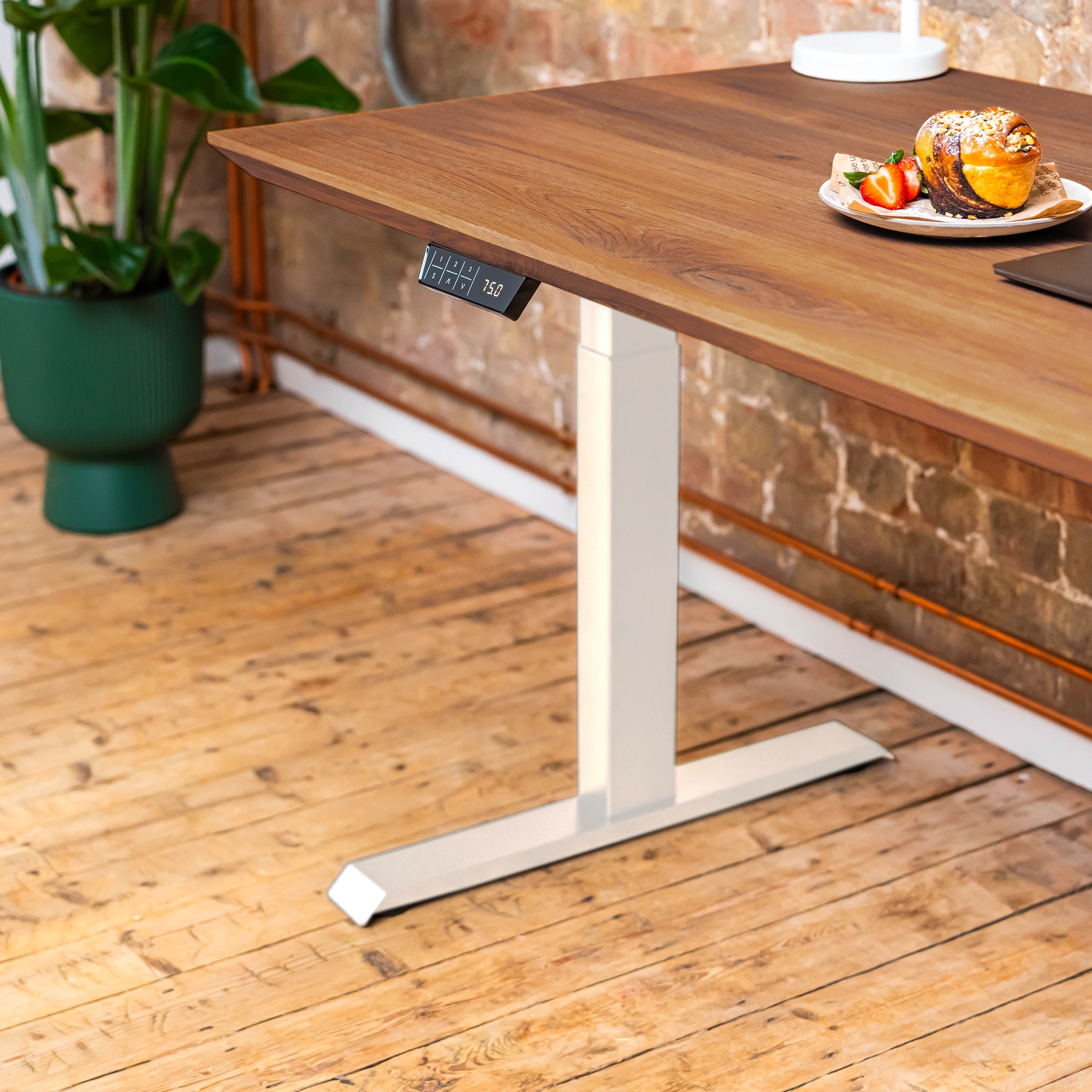 Premium d3 Dual Motor White Standing Desk with Premium Oak Solid Wood Desktop - Antique Bronze