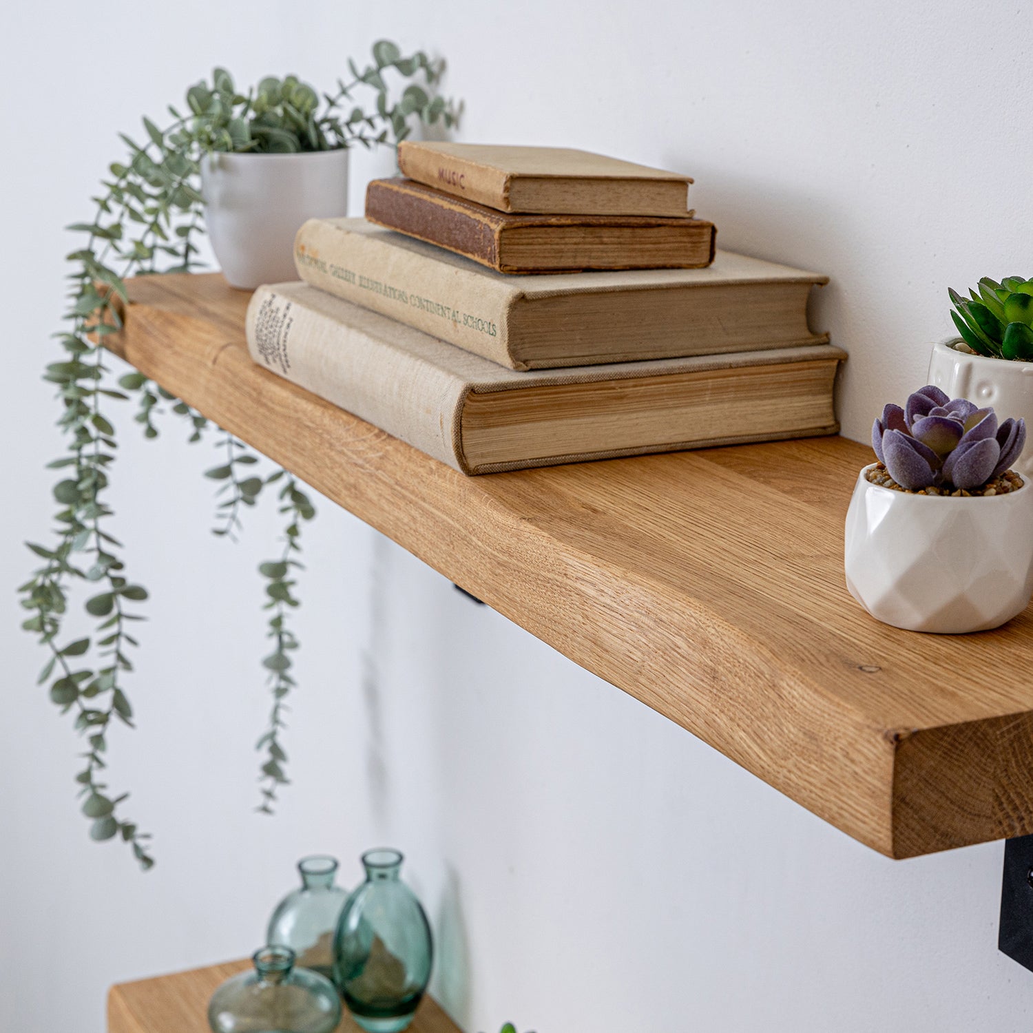 Rustic Edge Wood Shelves with Powder-Coated Cast Iron Brackets