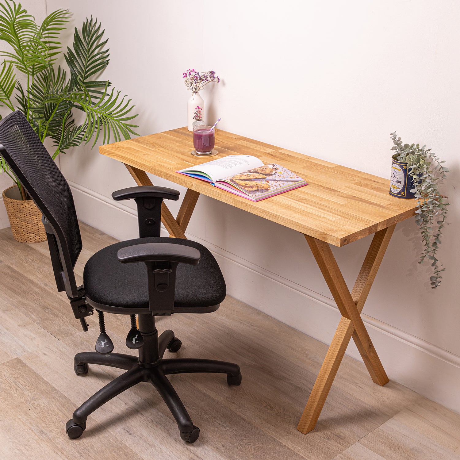 Small Oak Wooden Desk With Solid Oak Cross Legs | 1200mm x 500mm