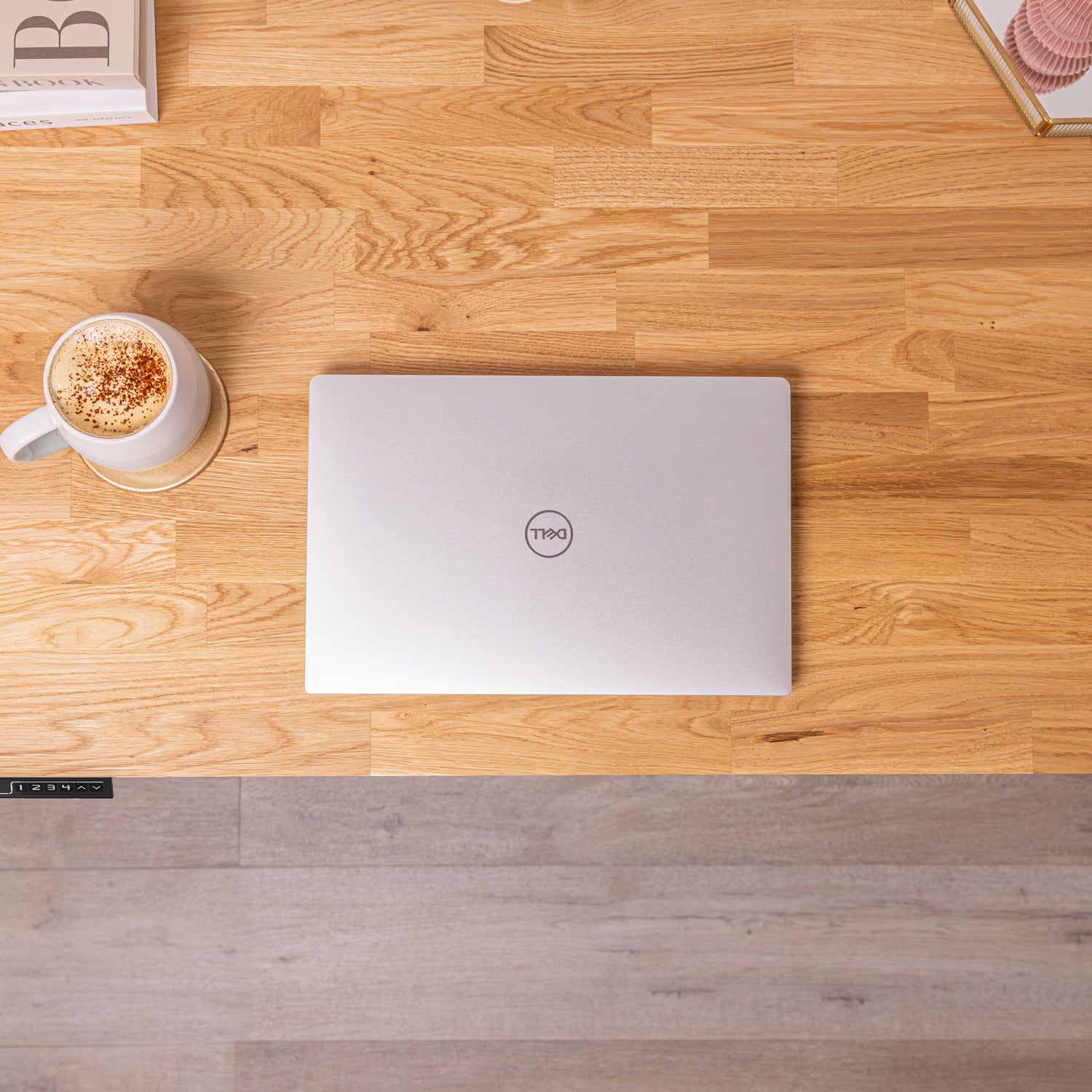 Small Sit Stand Office Desk with Oak Wooden Desktop