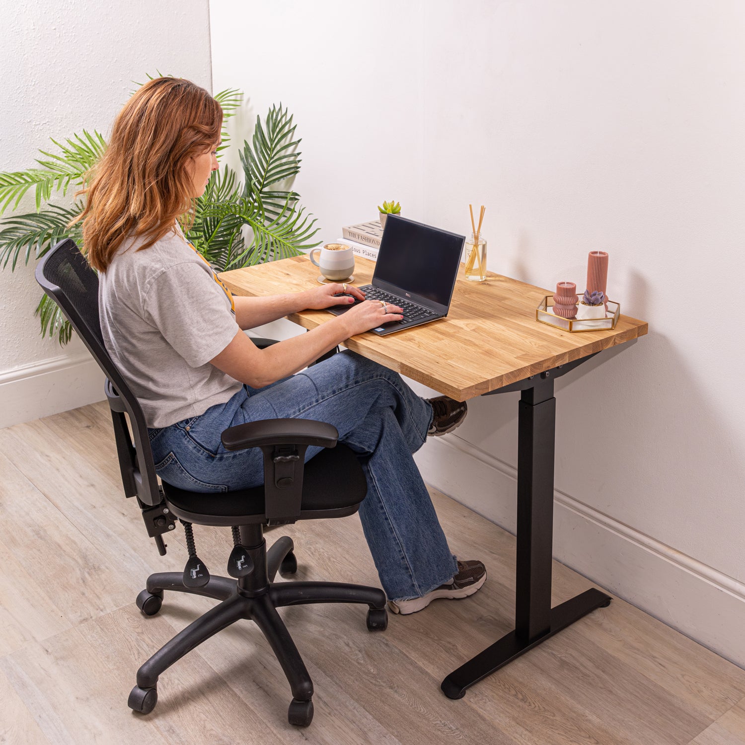 Small Sit Stand Office Desk with Oak Wooden Desktop