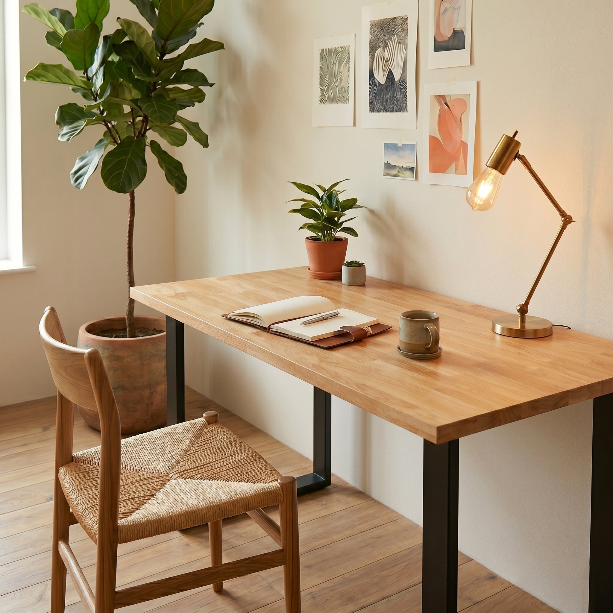 Oak wooden desk with chair, plants, and lamp in a home office setting