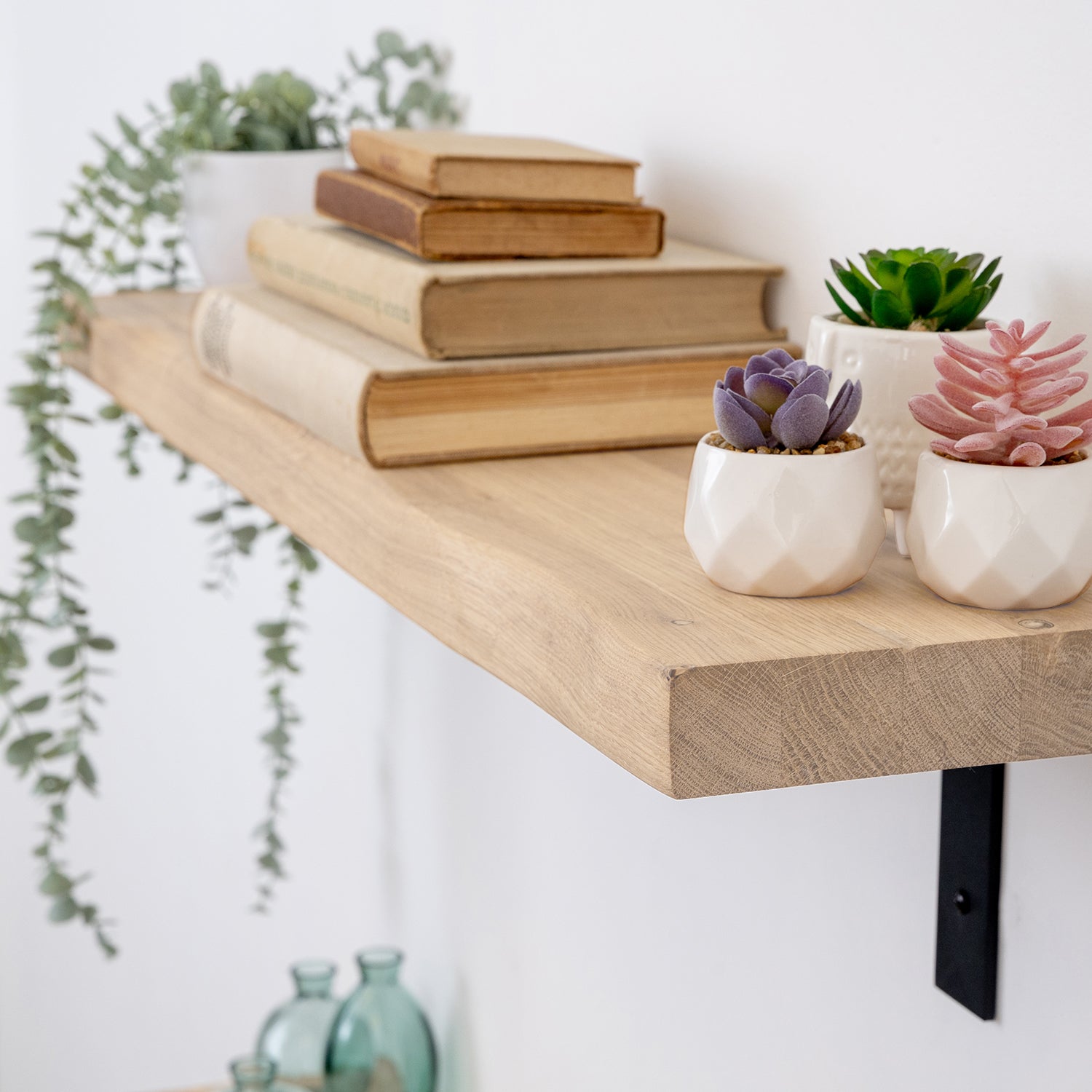 Solid Oak Distressed Edge Shelf (Sanded) - 40mm thick with Black Flat-Style Scaffolding Brackets