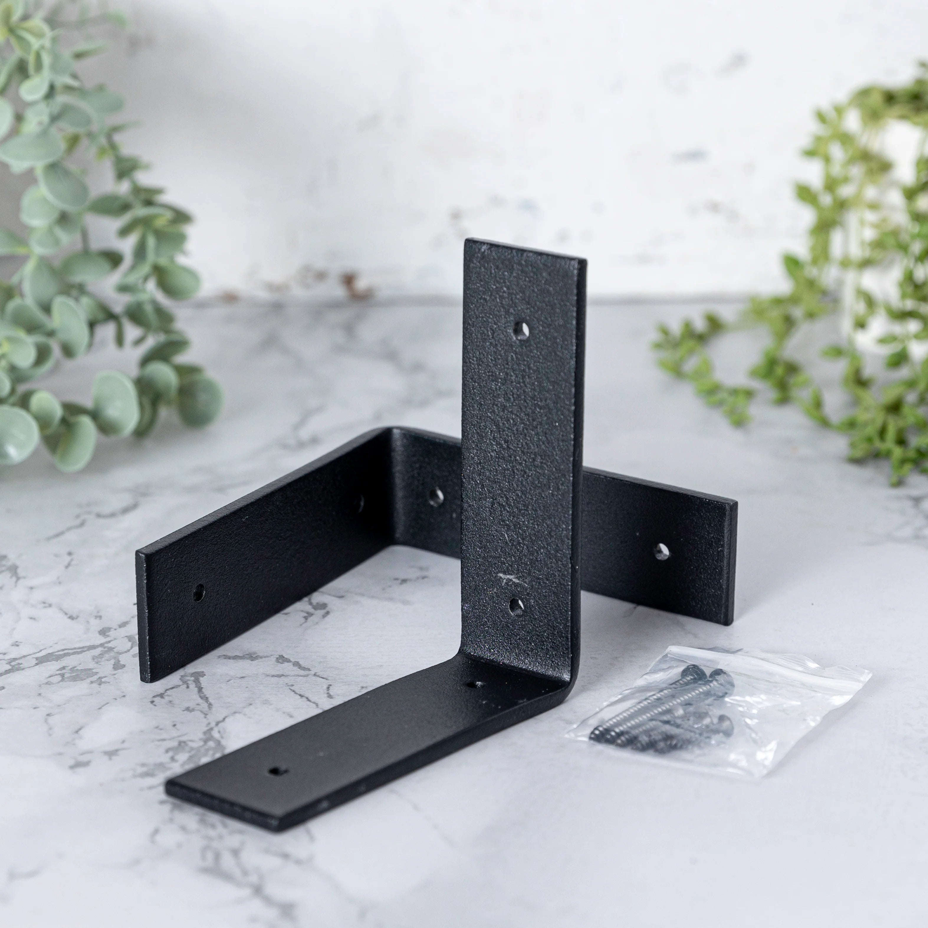 Solid Oak Distressed Edge Shelf (Sanded) - 40mm thick with Black Flat-Style Scaffolding Brackets