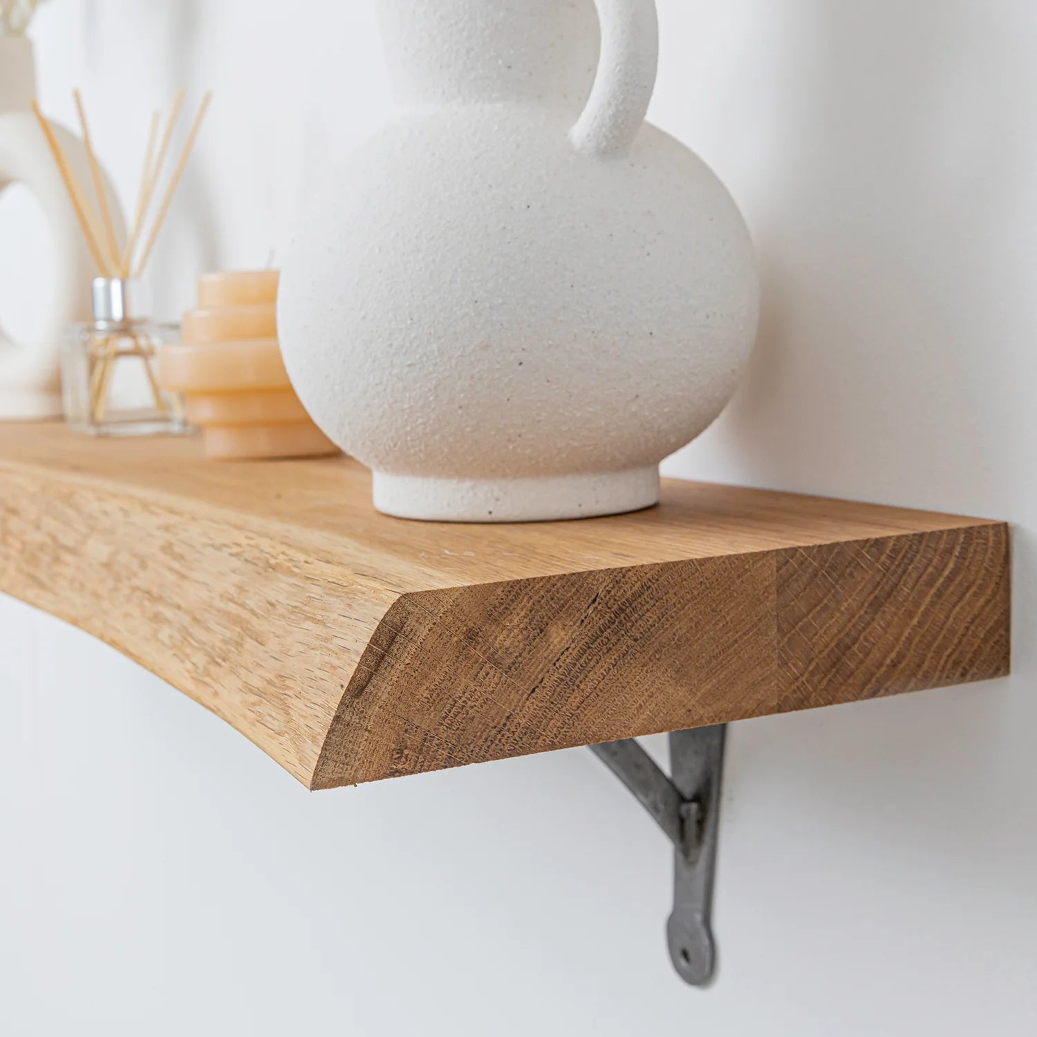 Solid Oak Live Edge Shelf - 40mm thick with Antique Iron Hand-Forged Gallows Shelf Brackets