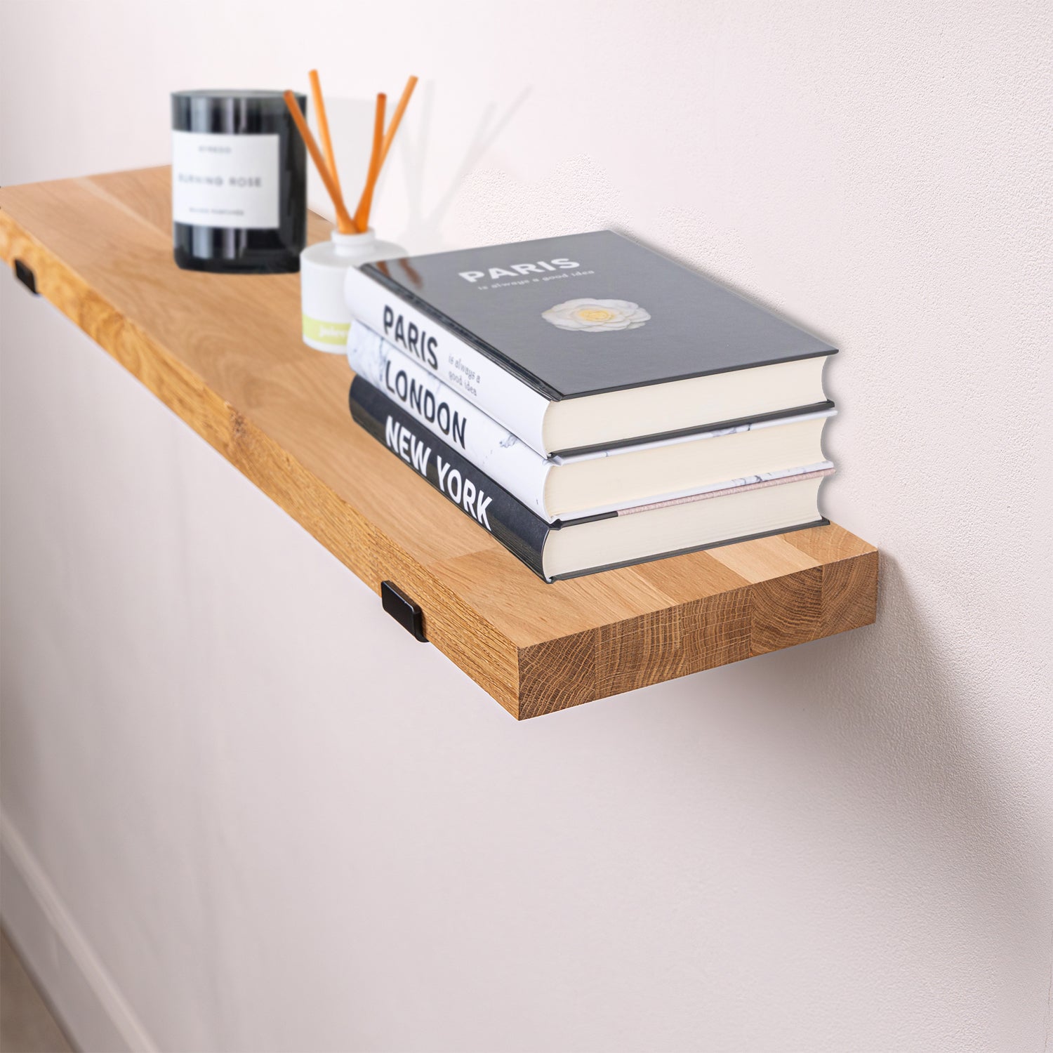 Solid Wood Oak Shelves 40mm with Down-Style Powder-Coated Cast Iron Brackets
