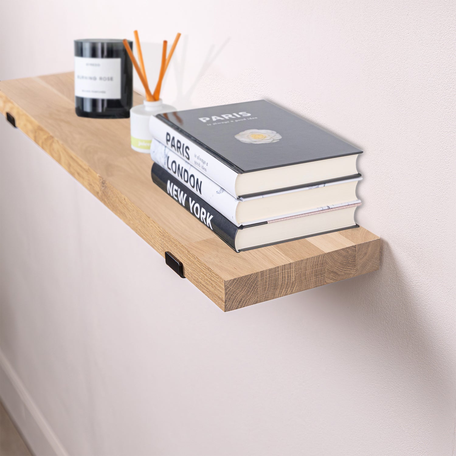 Solid Oak Wall Shelf (Sanded) - 40mm thick with Black Down-Style Scaffolding Brackets